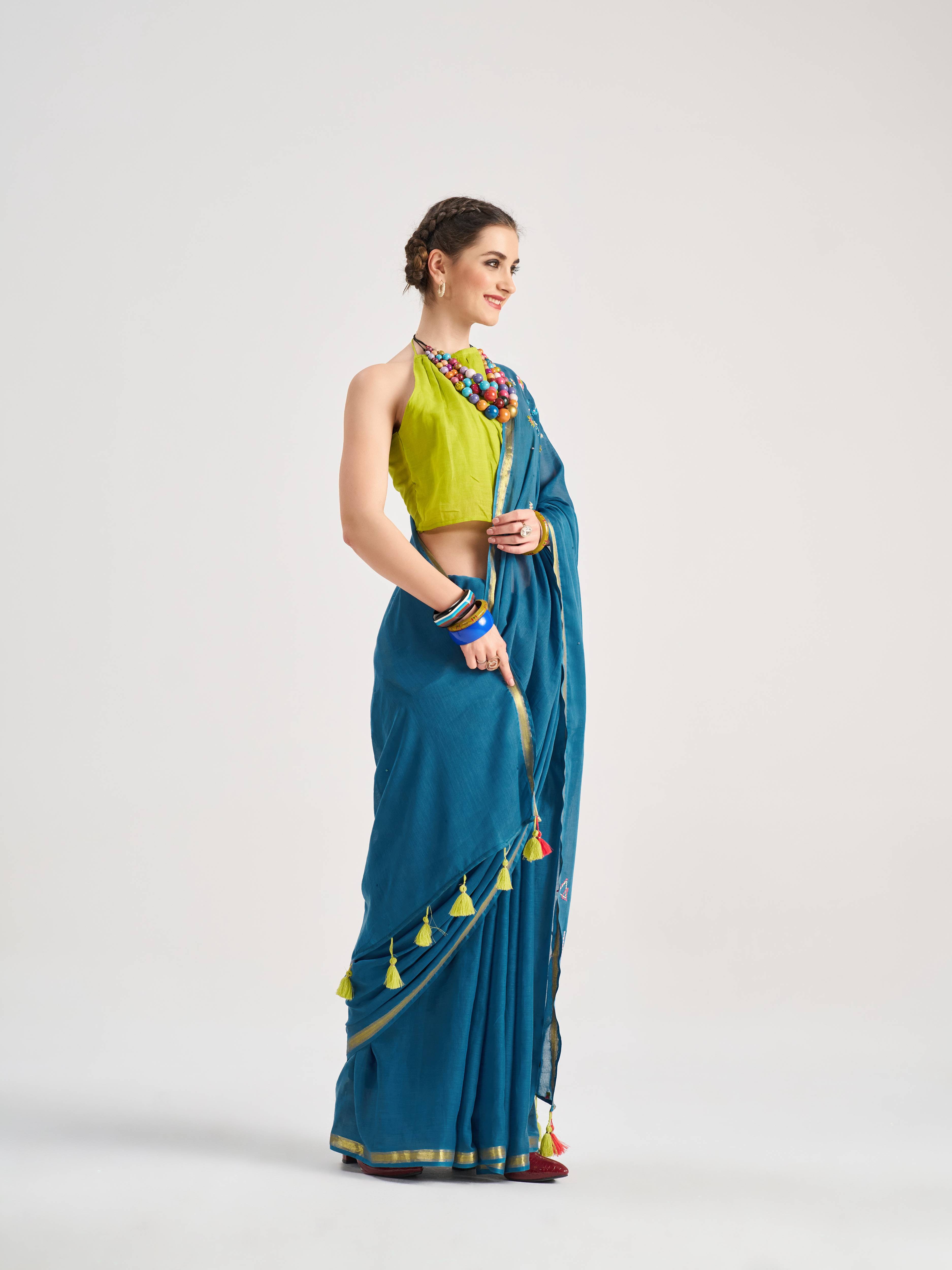 BAHAMA BLUE VISCOSE MUL VIRGO VEDIC ZODIAC THREAD WORK SAREES