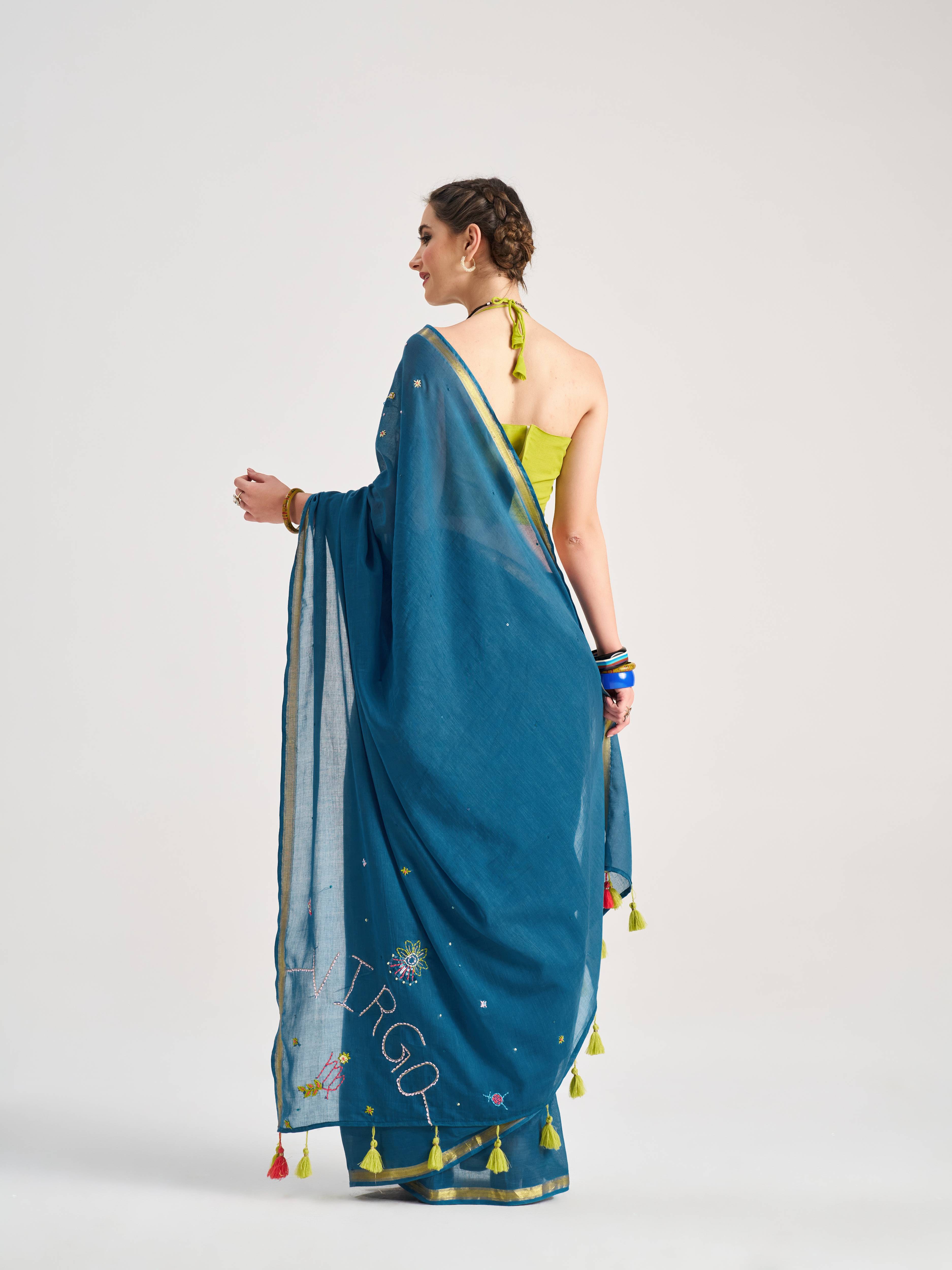 BAHAMA BLUE VISCOSE MUL VIRGO VEDIC ZODIAC THREAD WORK SAREES