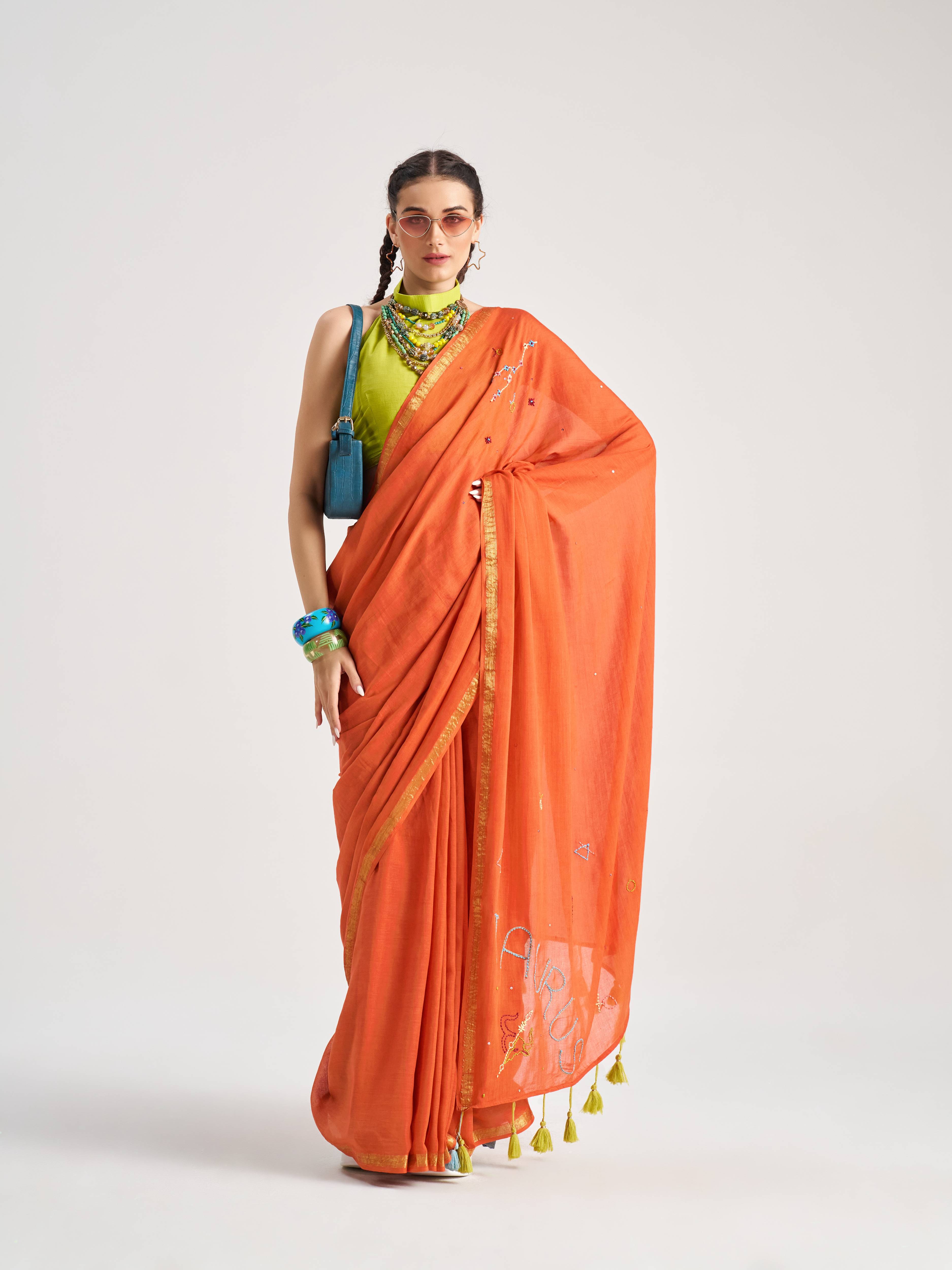 RUST ORANGE VISCOSE MUL TAURUS VEDIC ZODIAC THREAD WORK SAREES