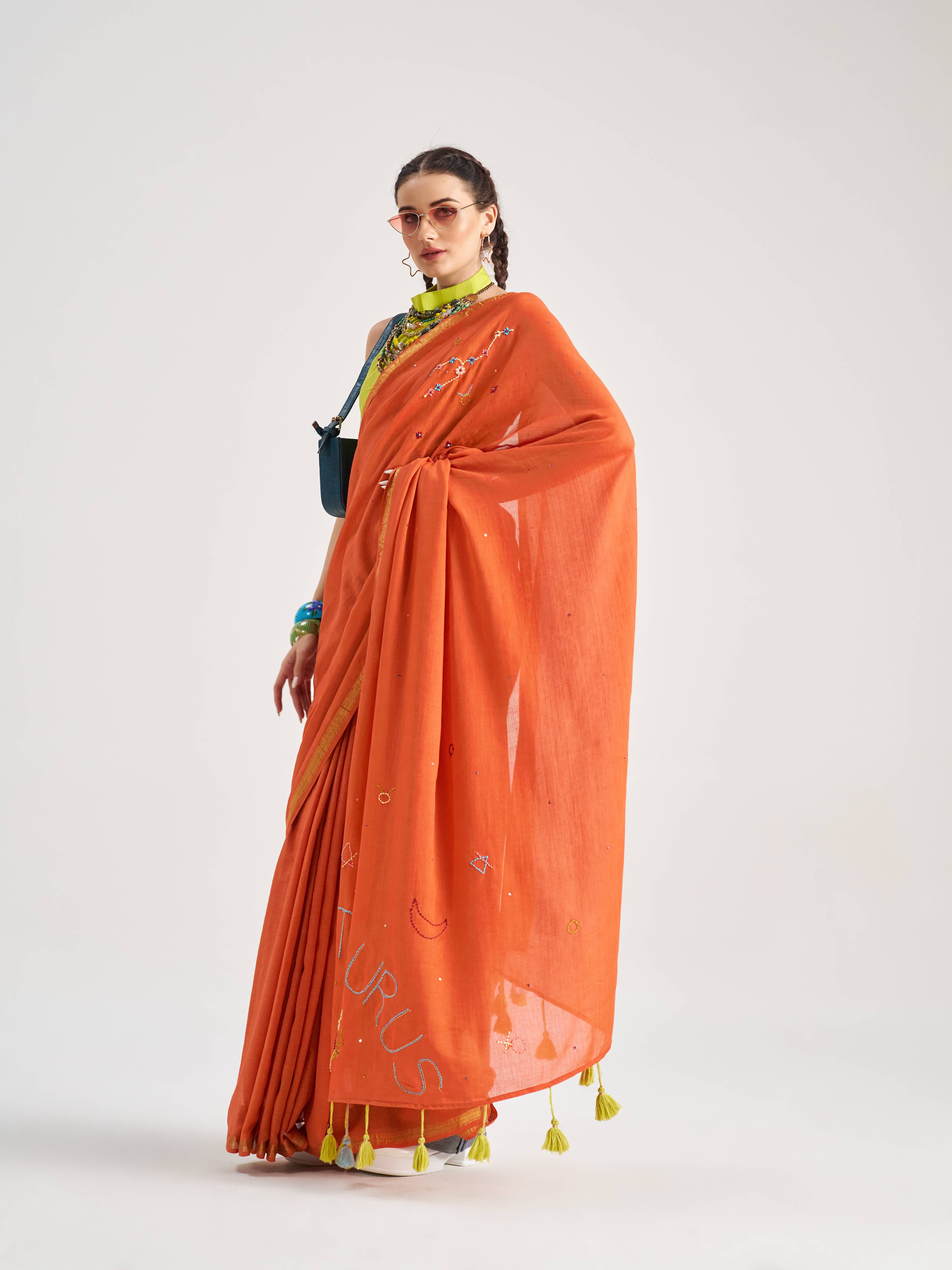RUST ORANGE VISCOSE MUL TAURUS VEDIC ZODIAC THREAD WORK SAREES