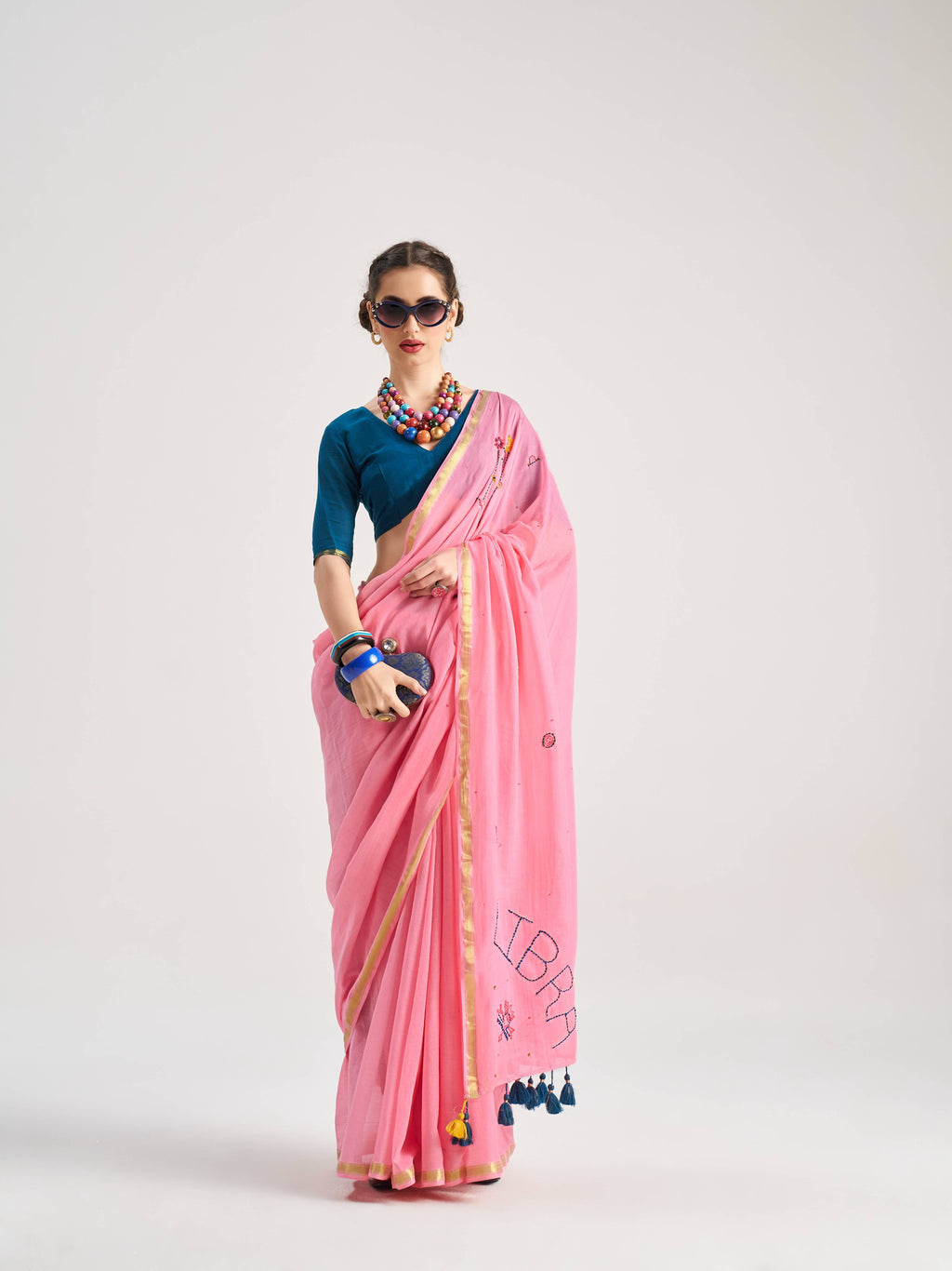 ROSE PINK VISCOSE MUL LIBRA VEDIC ZODIAC THREAD WORK SAREES