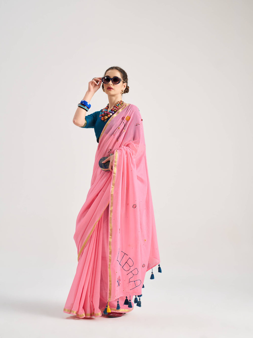 ROSE PINK VISCOSE MUL LIBRA VEDIC ZODIAC THREAD WORK SAREES