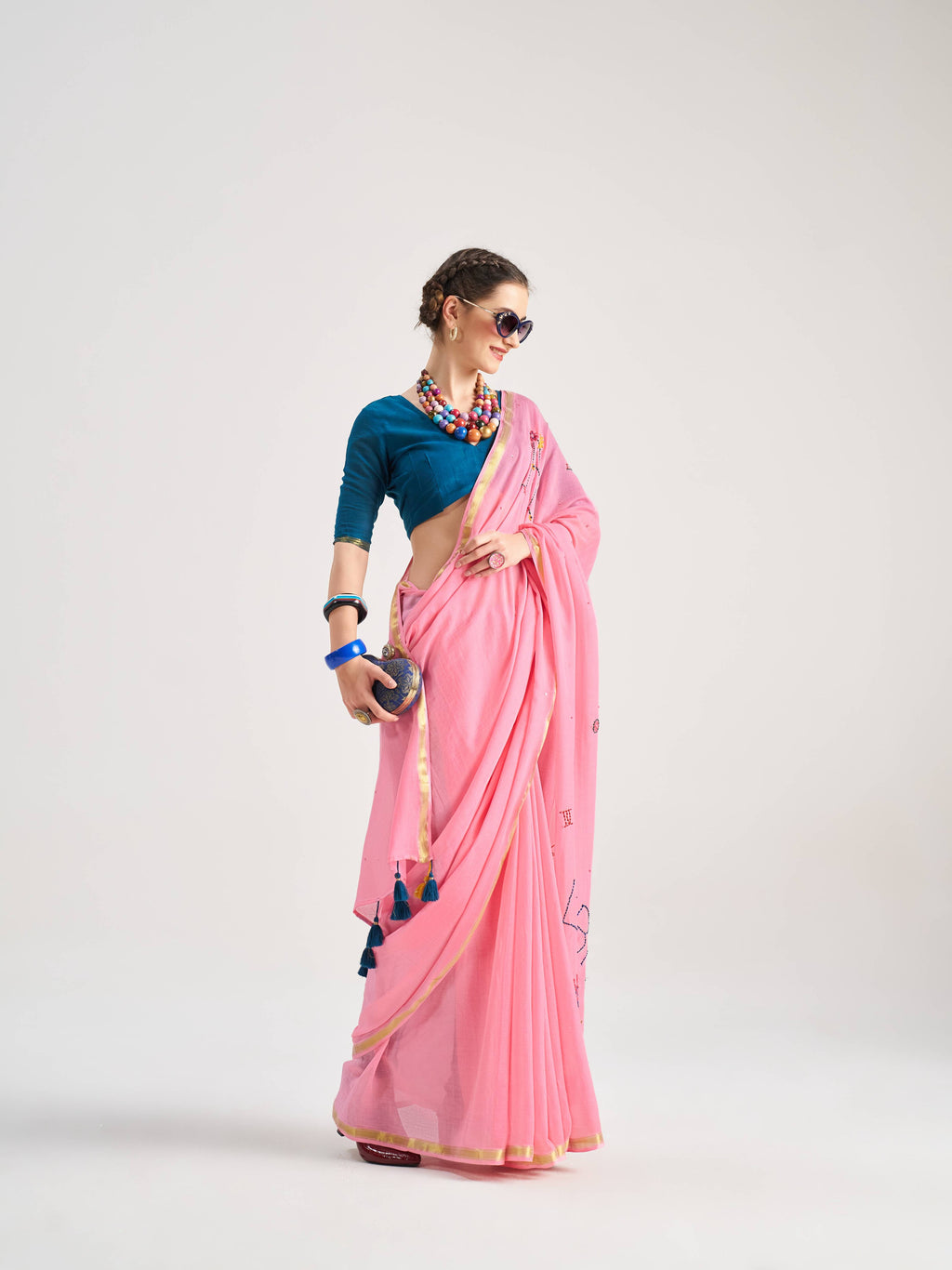 ROSE PINK VISCOSE MUL LIBRA VEDIC ZODIAC THREAD WORK SAREES