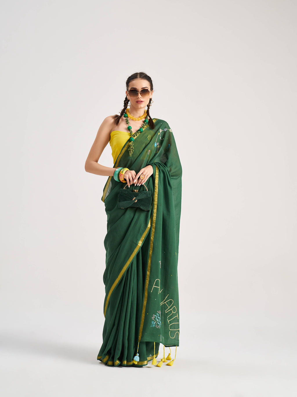DARK GREEN VISCOSE MUL AQUARIUS VEDIC ZODIAC THREAD WORK SAREES