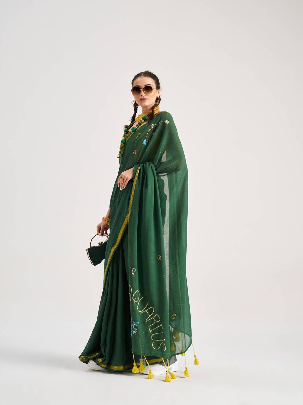 DARK GREEN VISCOSE MUL AQUARIUS VEDIC ZODIAC THREAD WORK SAREES