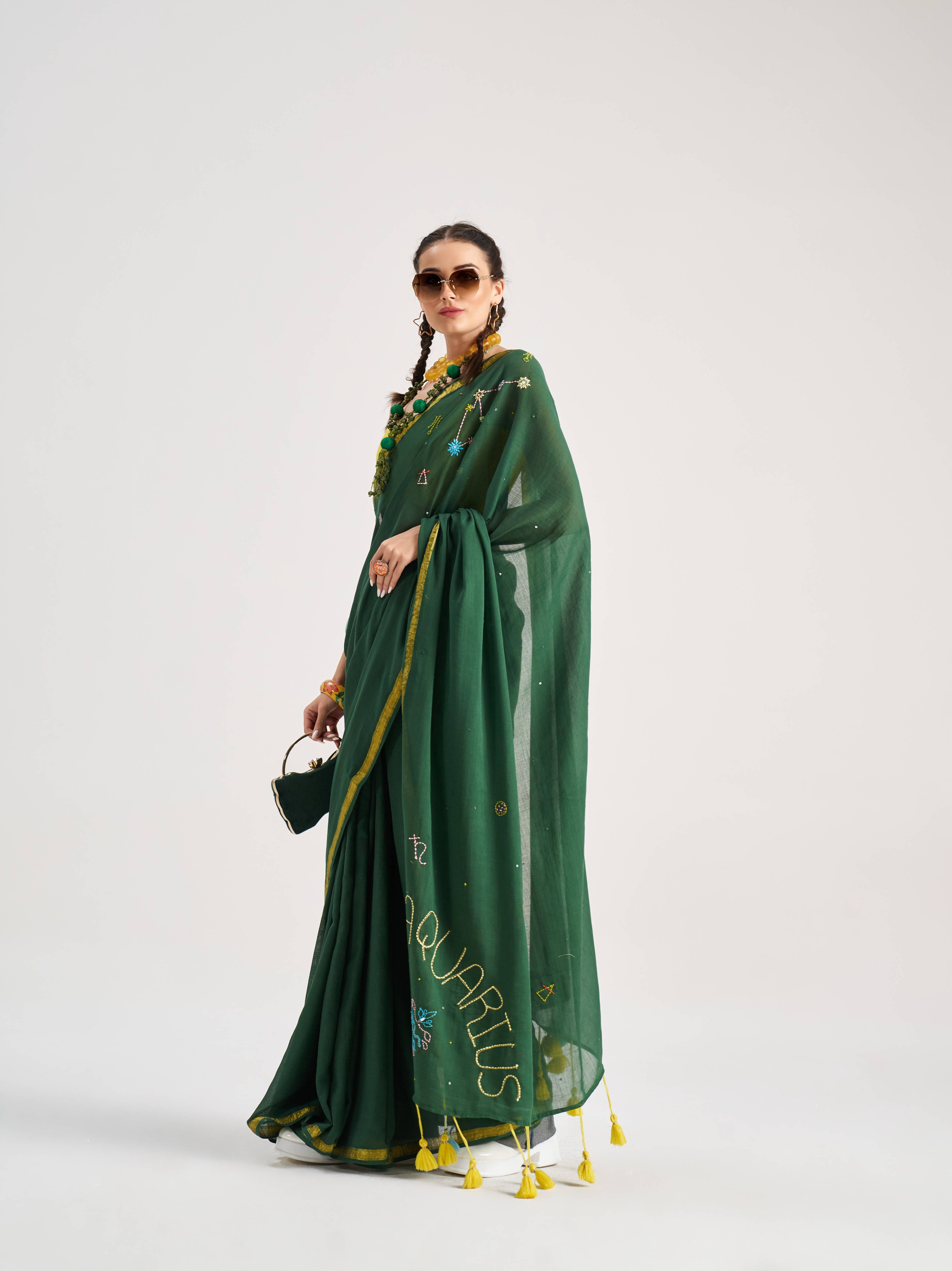 DARK GREEN VISCOSE MUL AQUARIUS VEDIC ZODIAC THREAD WORK SAREES