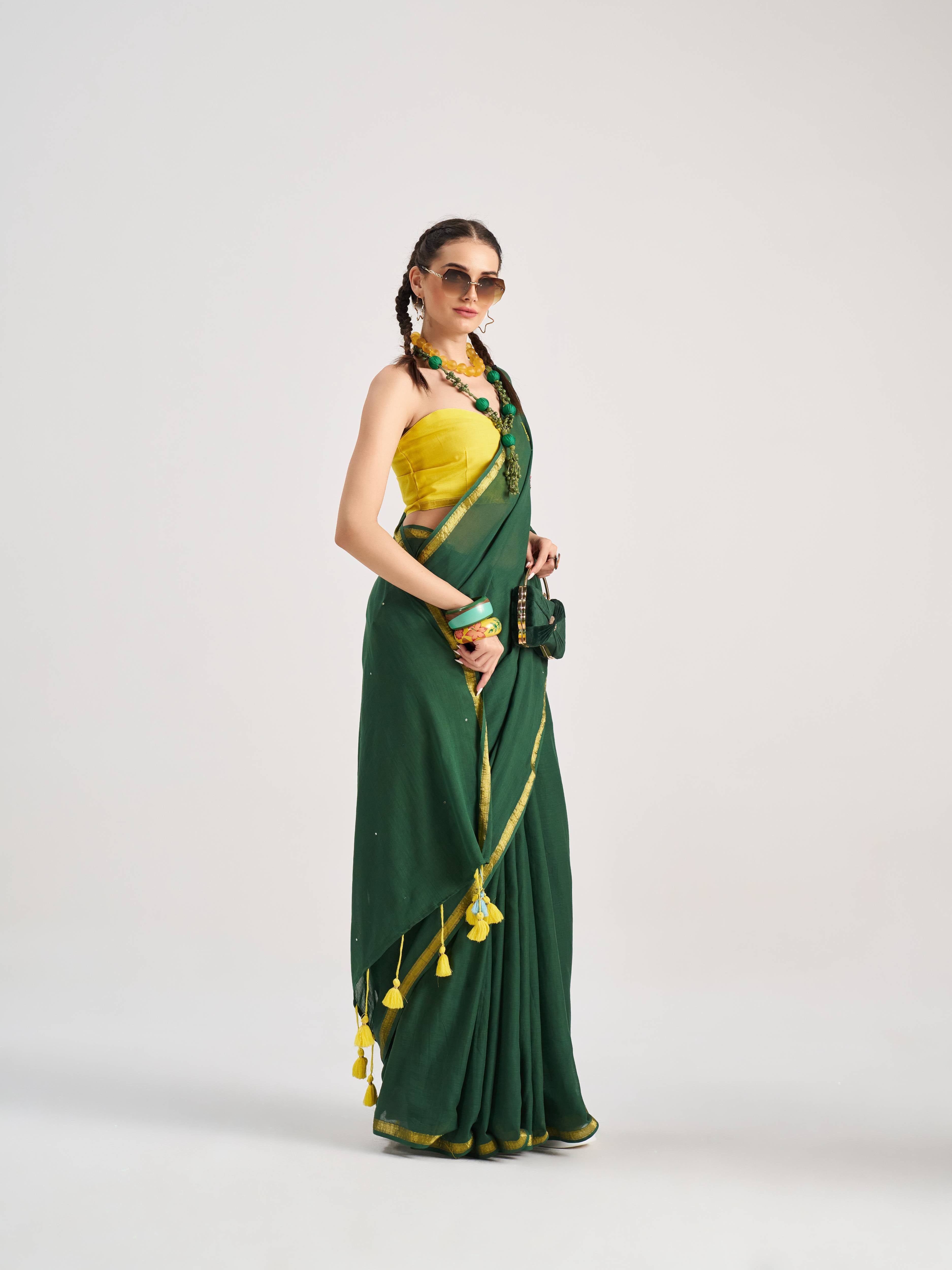 DARK GREEN VISCOSE MUL AQUARIUS VEDIC ZODIAC THREAD WORK SAREES