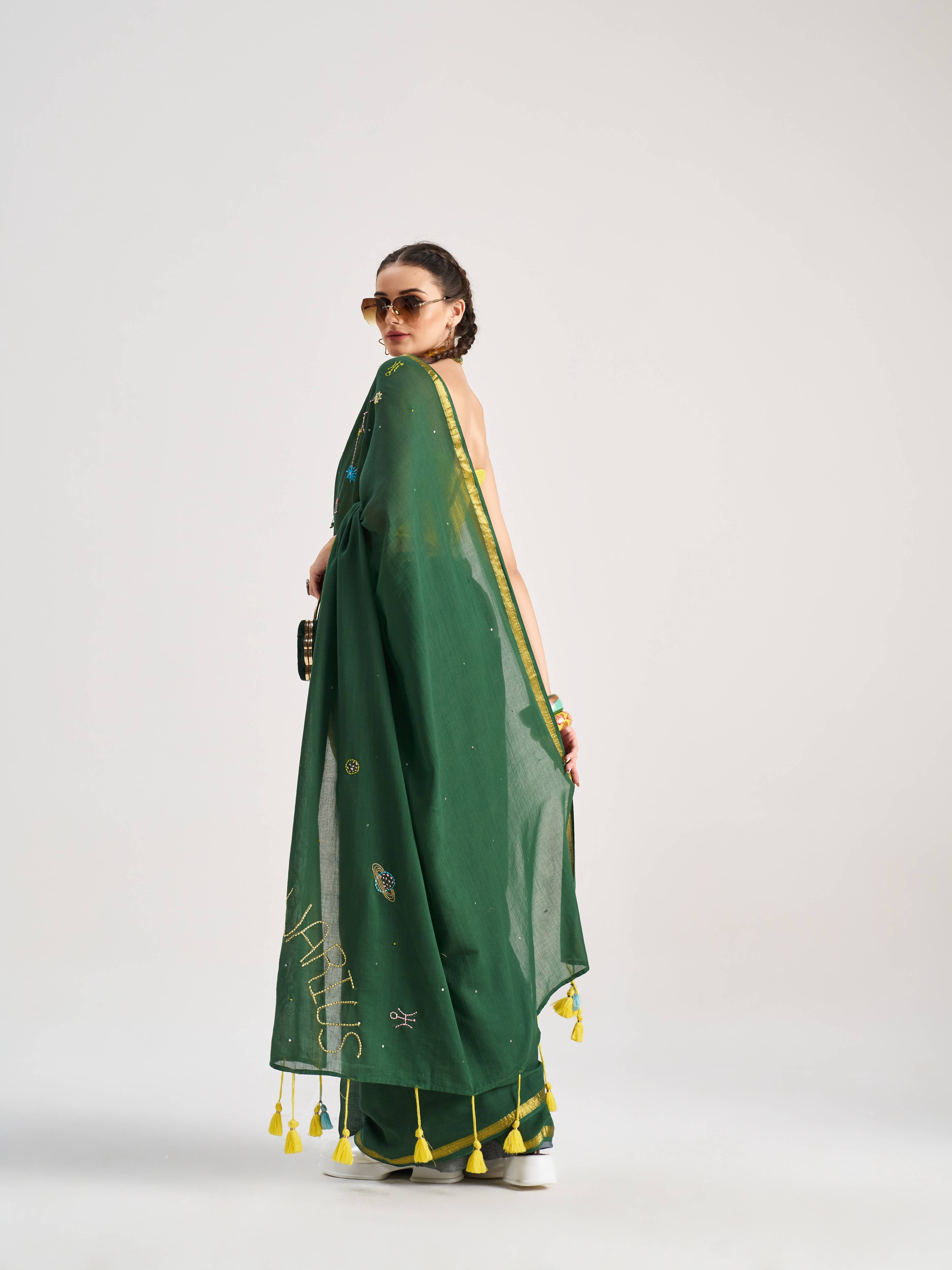 DARK GREEN VISCOSE MUL AQUARIUS VEDIC ZODIAC THREAD WORK SAREES