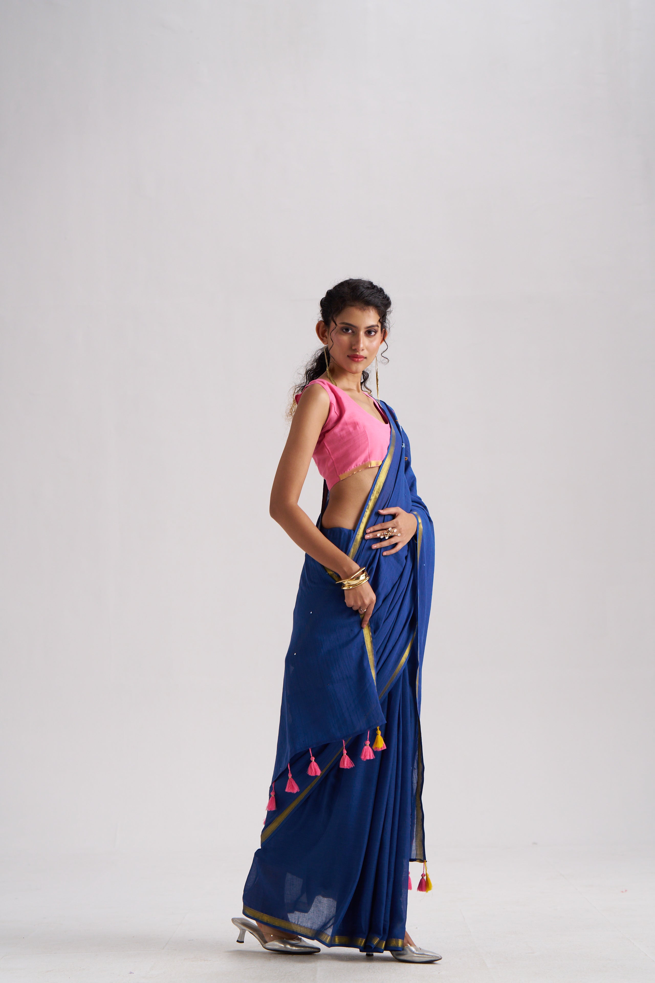 DEEP BLUE VISCOSE MUL THREAD WORK SAREES