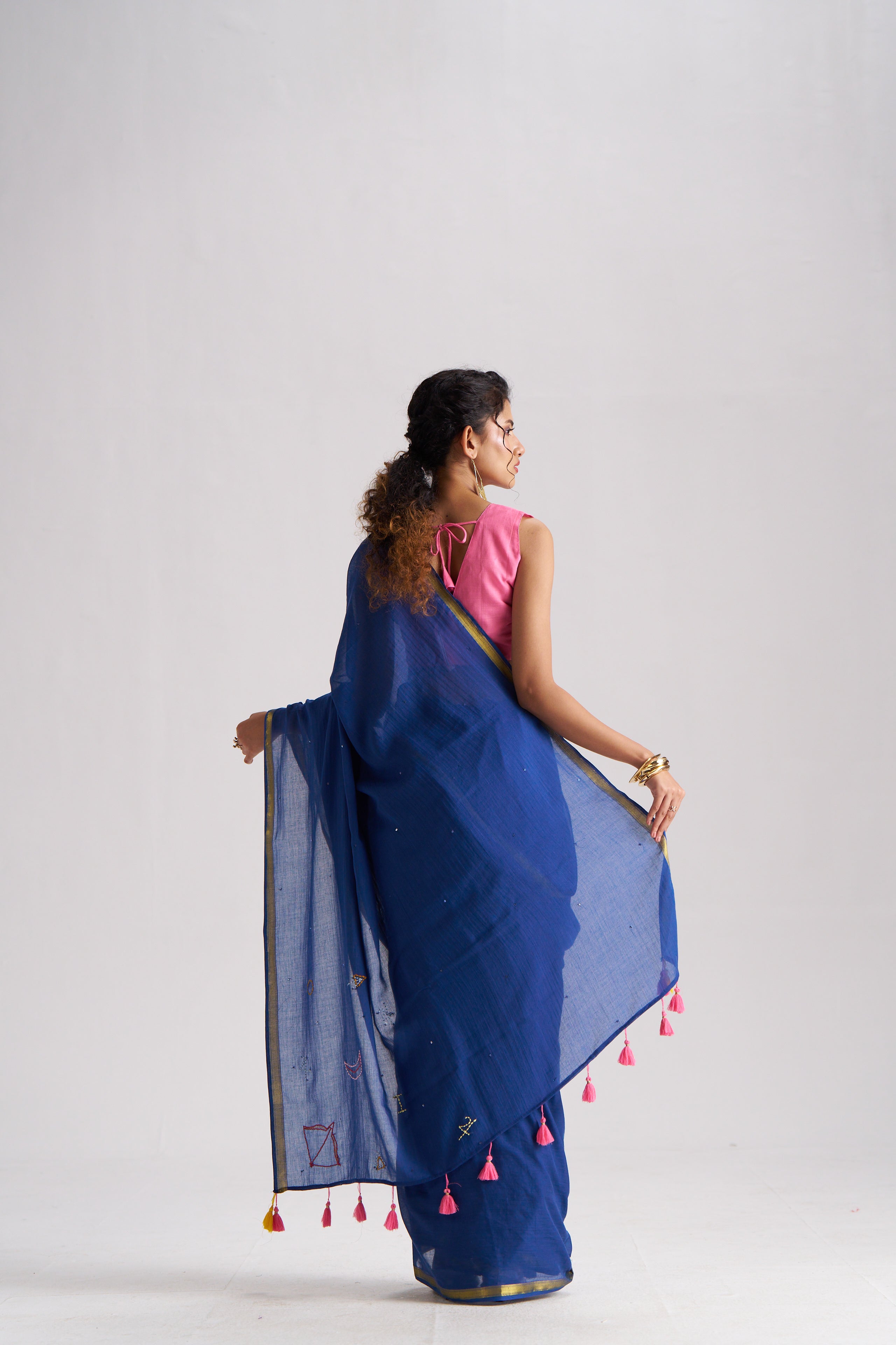 DEEP BLUE VISCOSE MUL THREAD WORK SAREES