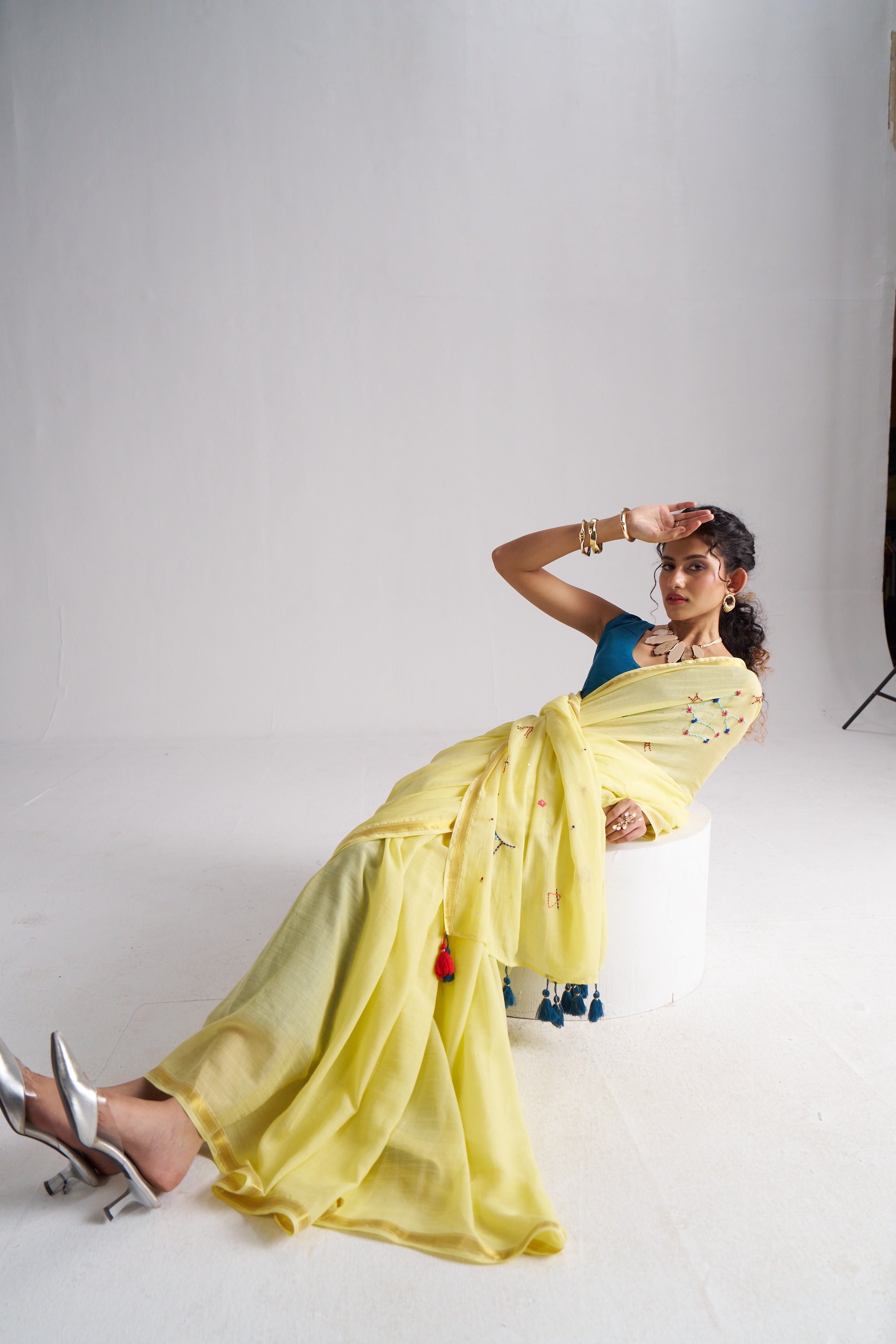 YELLOW VISCOSE MUL THREAD WORK SAREES