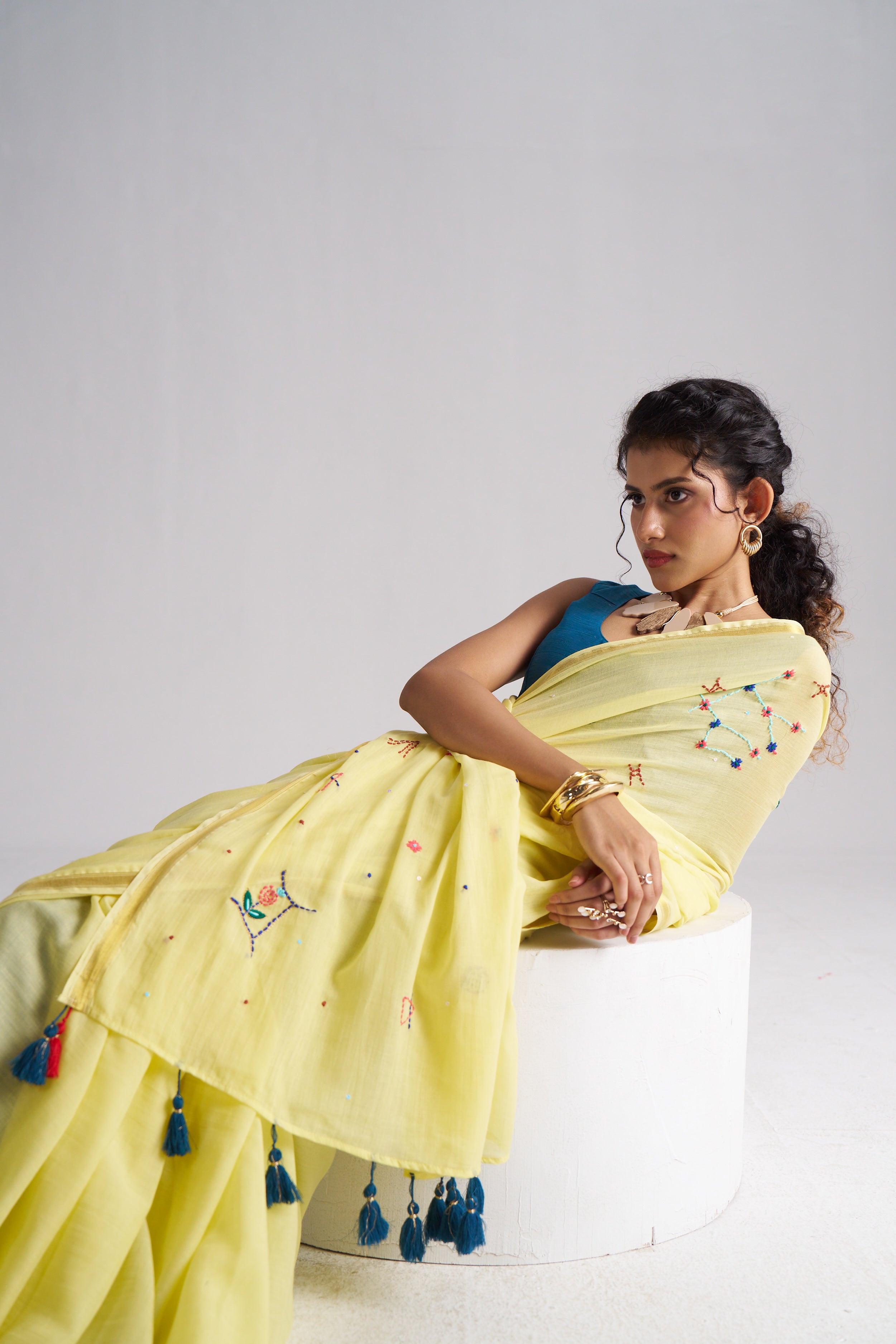 YELLOW VISCOSE MUL THREAD WORK SAREES
