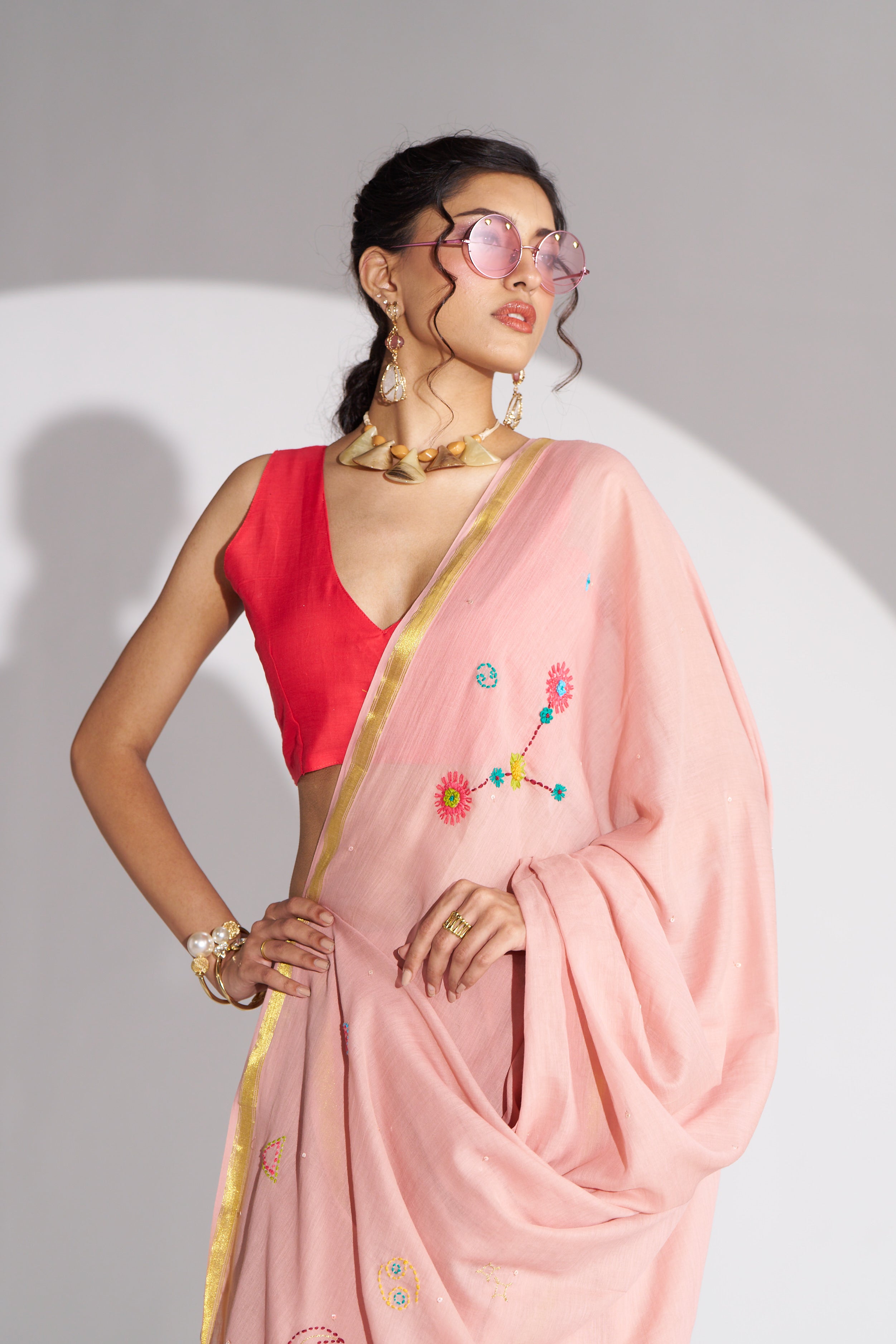 ROSE PINK VISCOSE MUL THREAD WORK SAREES