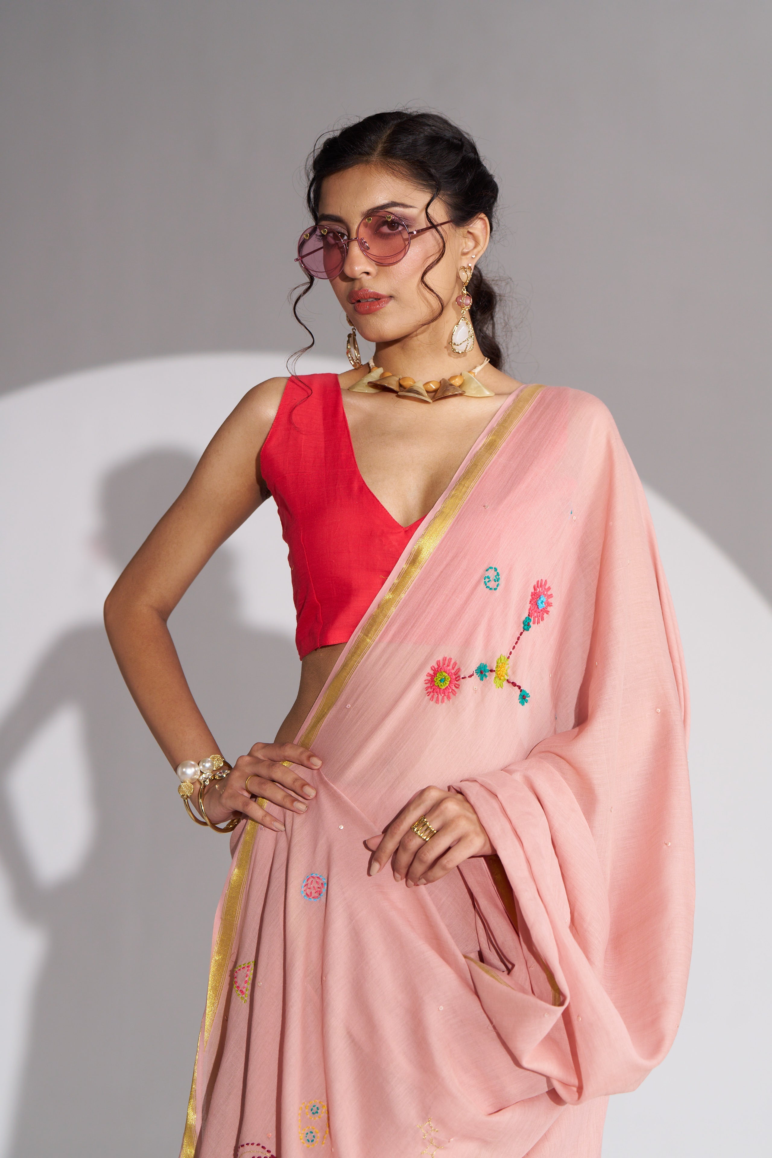 ROSE PINK VISCOSE MUL THREAD WORK SAREES