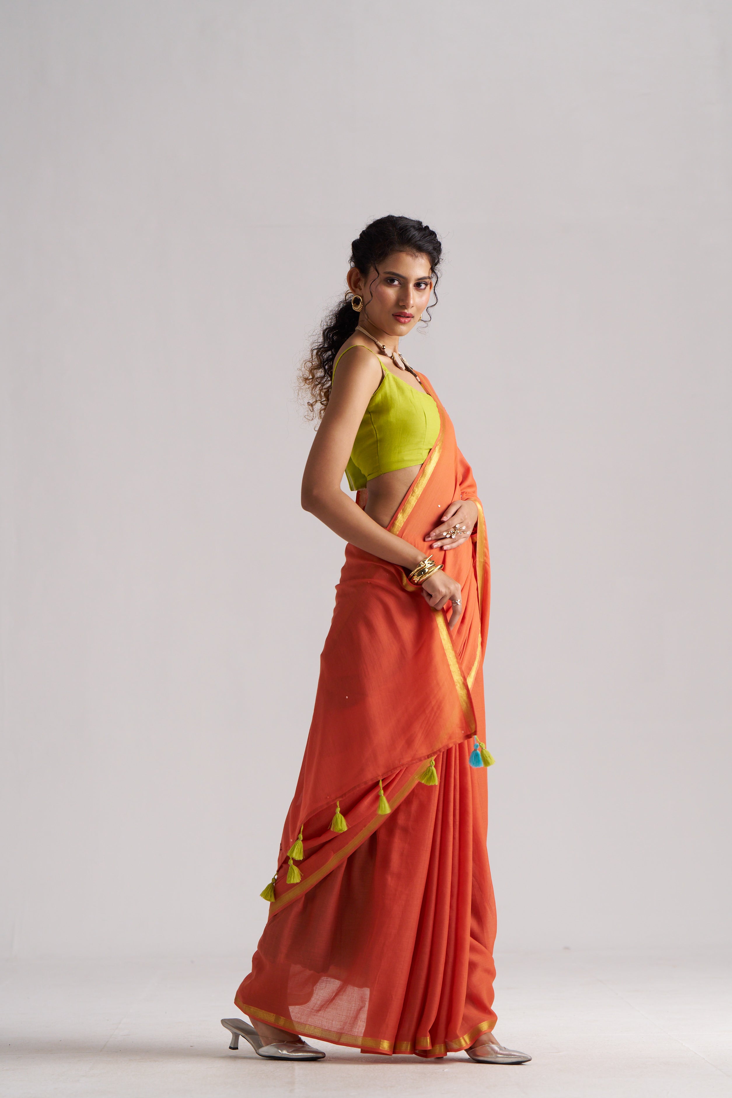 RUST ORANGE VISCOSE MUL THREAD WORK SAREES