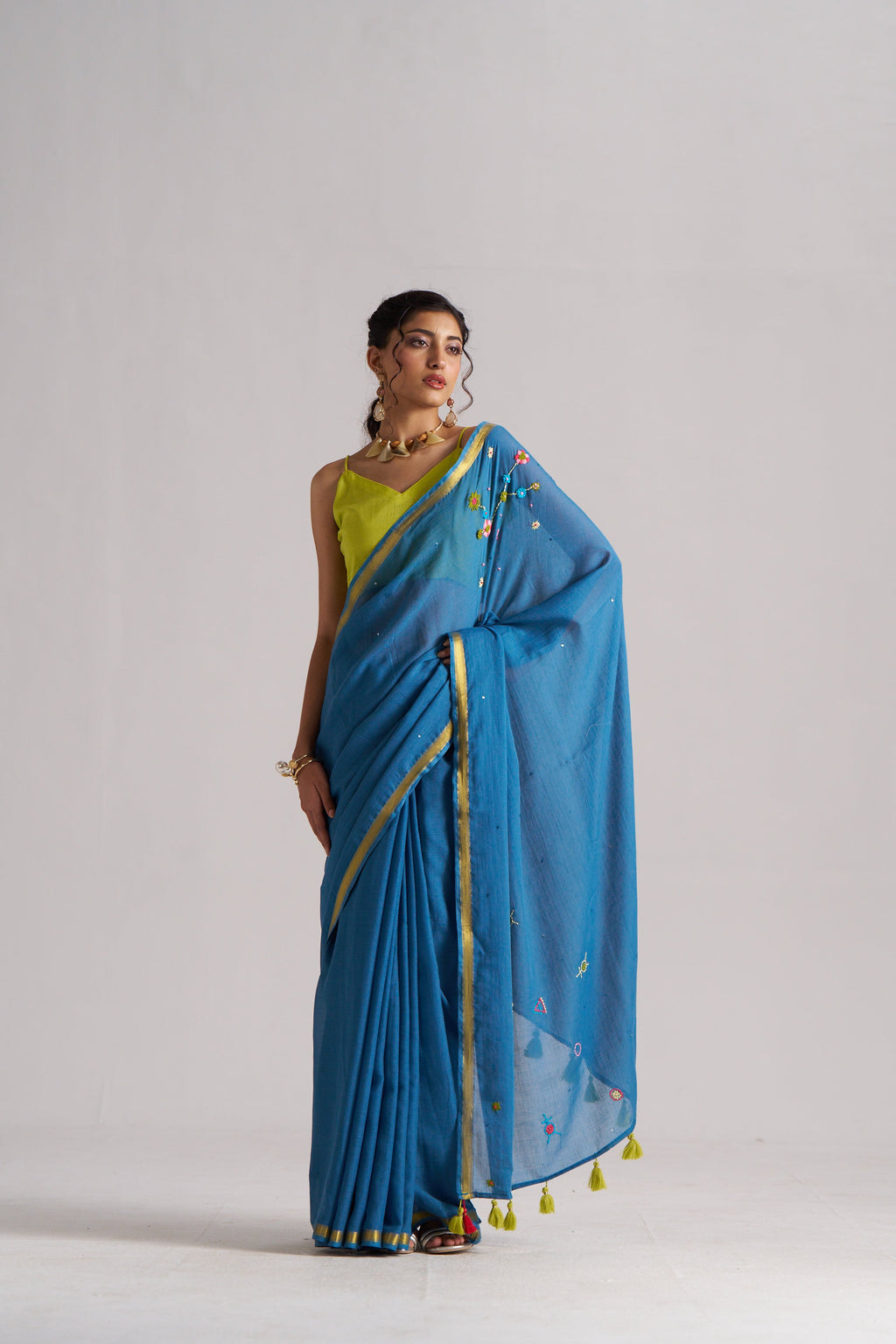 BAHAMA BLUE VISCOSE MUL THREAD WORK SAREES