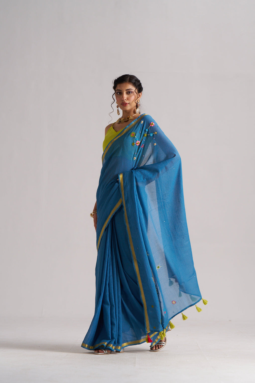 BAHAMA BLUE VISCOSE MUL THREAD WORK SAREES