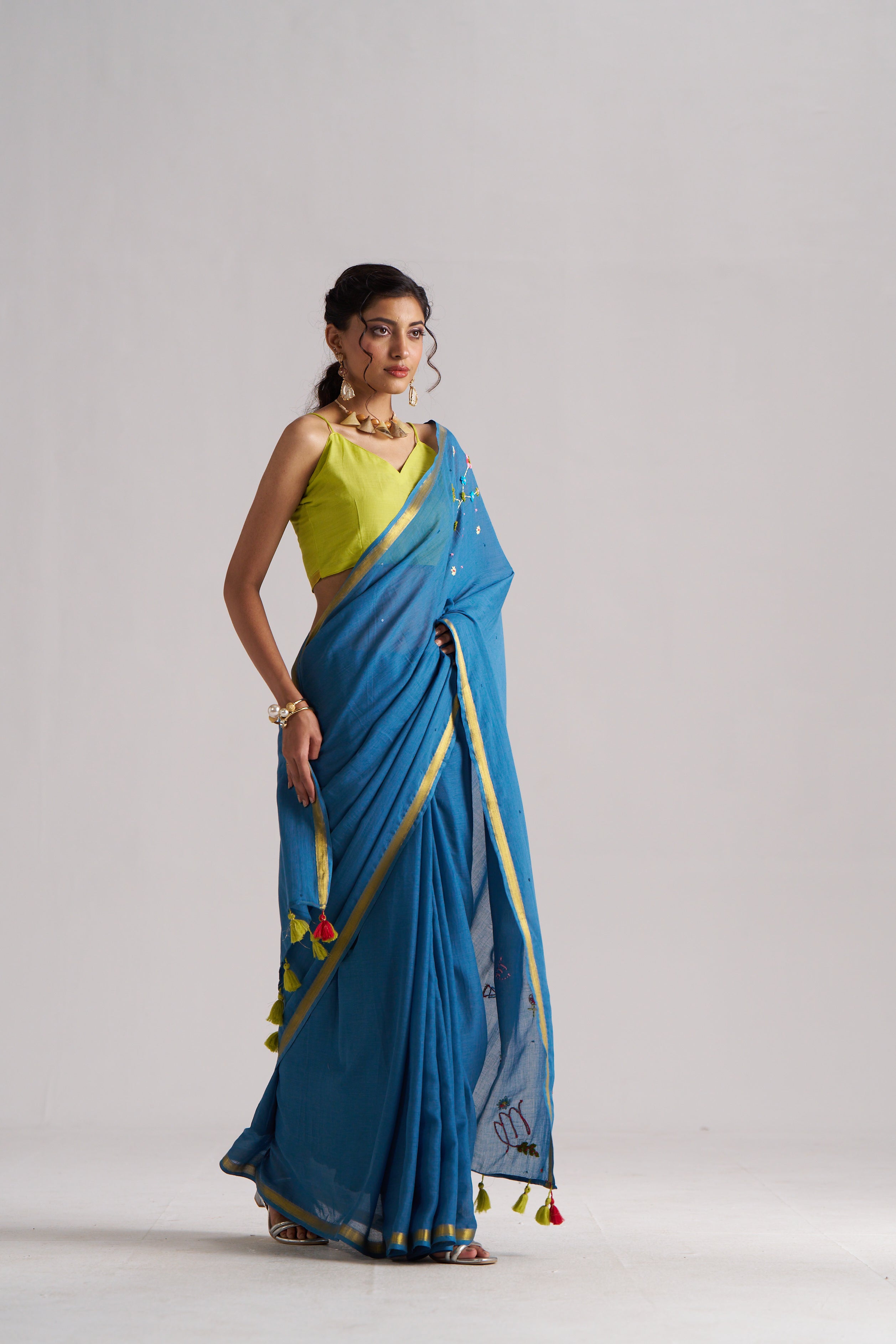 BAHAMA BLUE VISCOSE MUL THREAD WORK SAREES