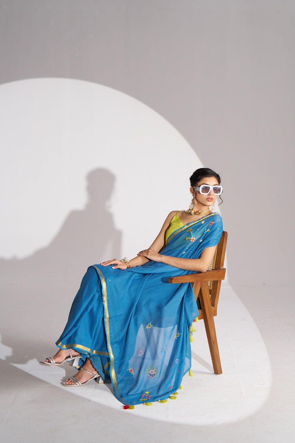 BAHAMA BLUE VISCOSE MUL THREAD WORK SAREES