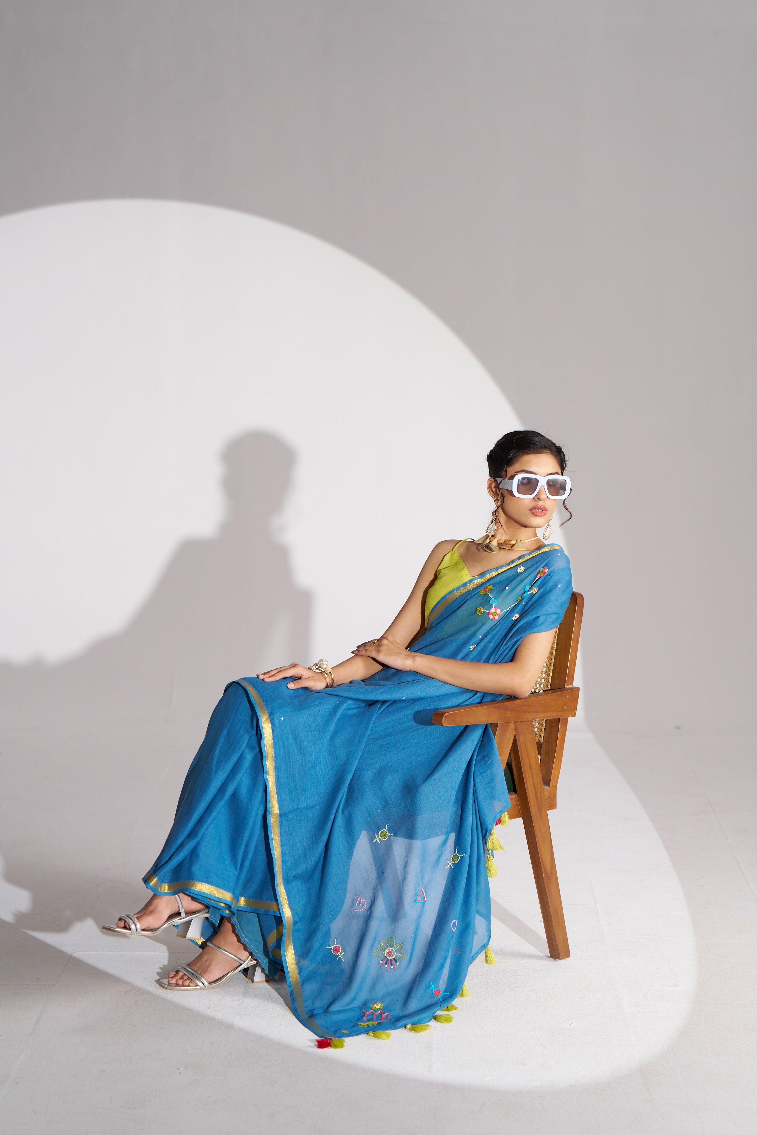 BAHAMA BLUE VISCOSE MUL THREAD WORK SAREES