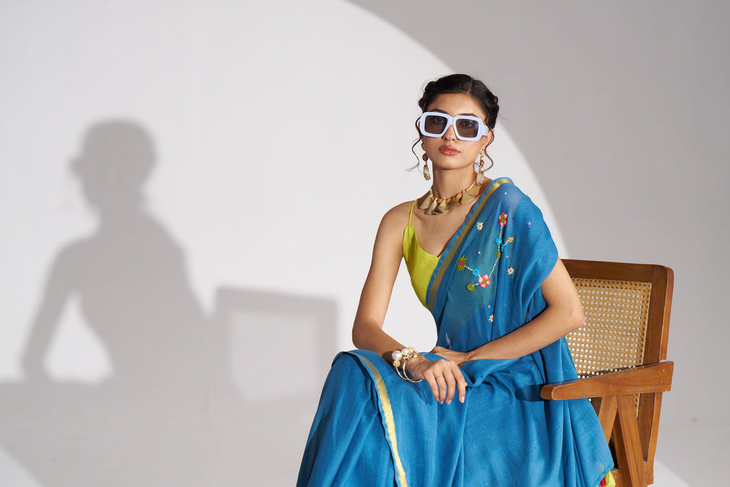 BAHAMA BLUE VISCOSE MUL THREAD WORK SAREES