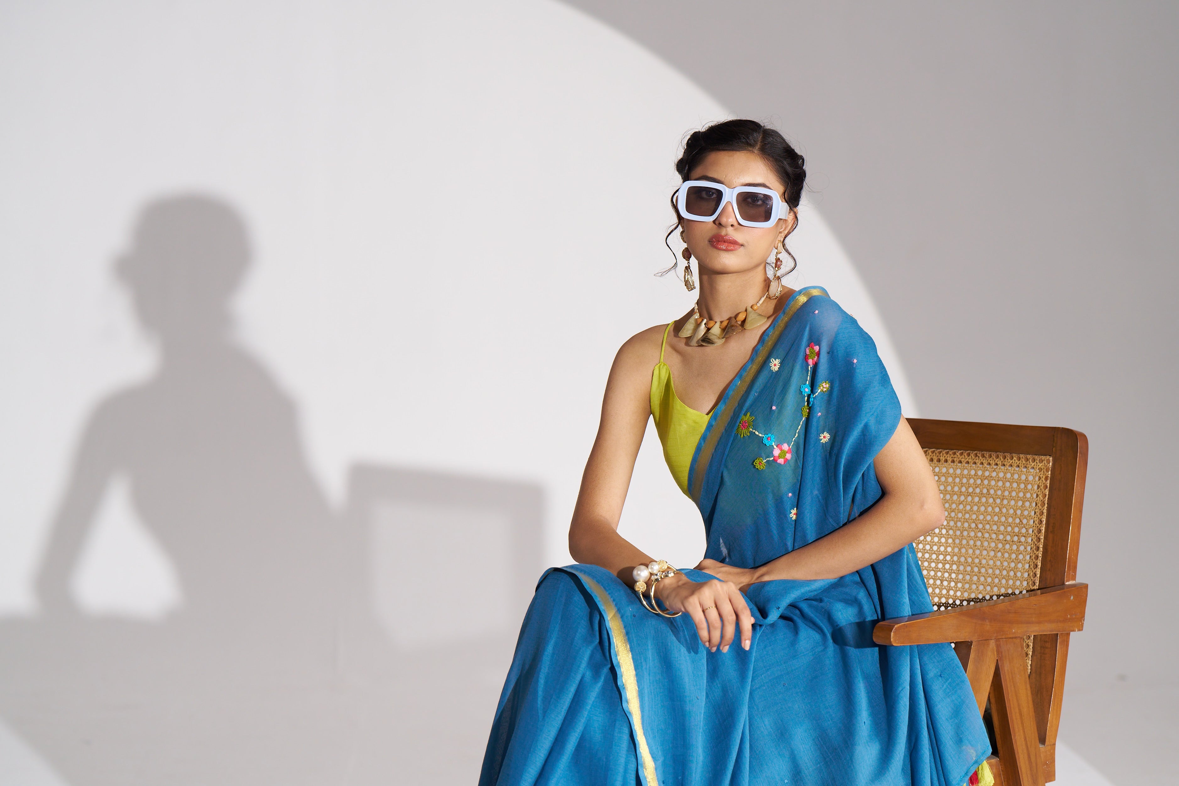 BAHAMA BLUE VISCOSE MUL THREAD WORK SAREES