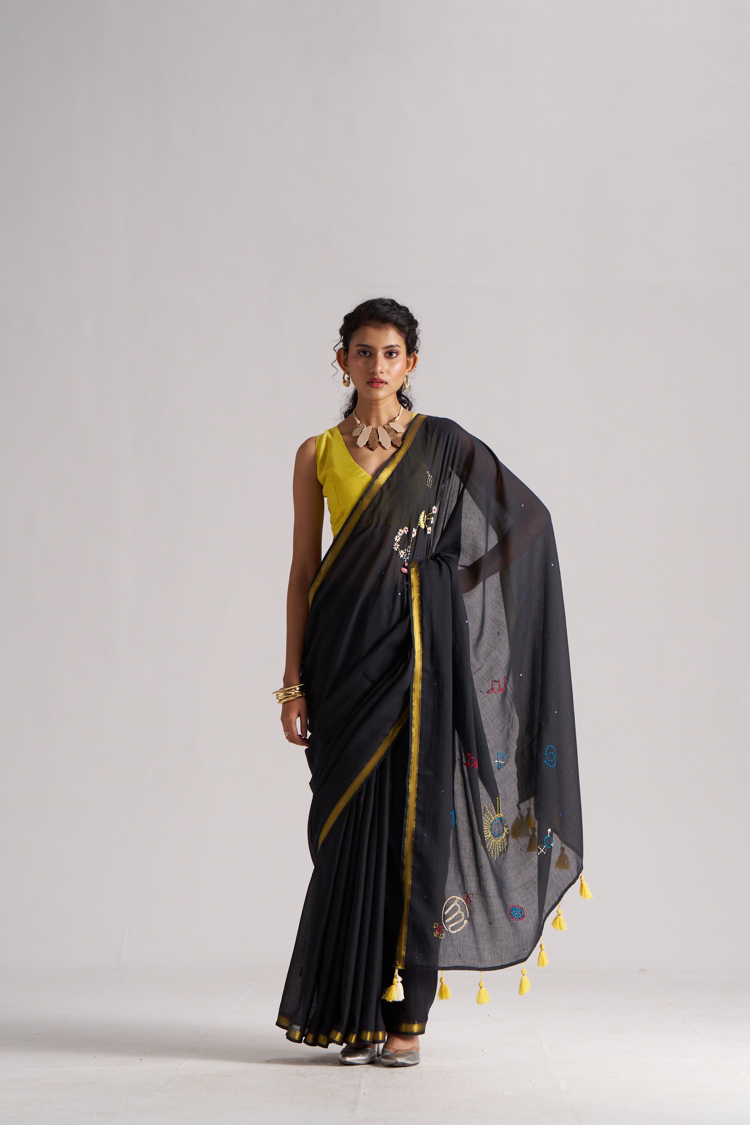 BLACK VISCOSE MUL SCORPIO CELESTIAL THREAD WORK SAREES