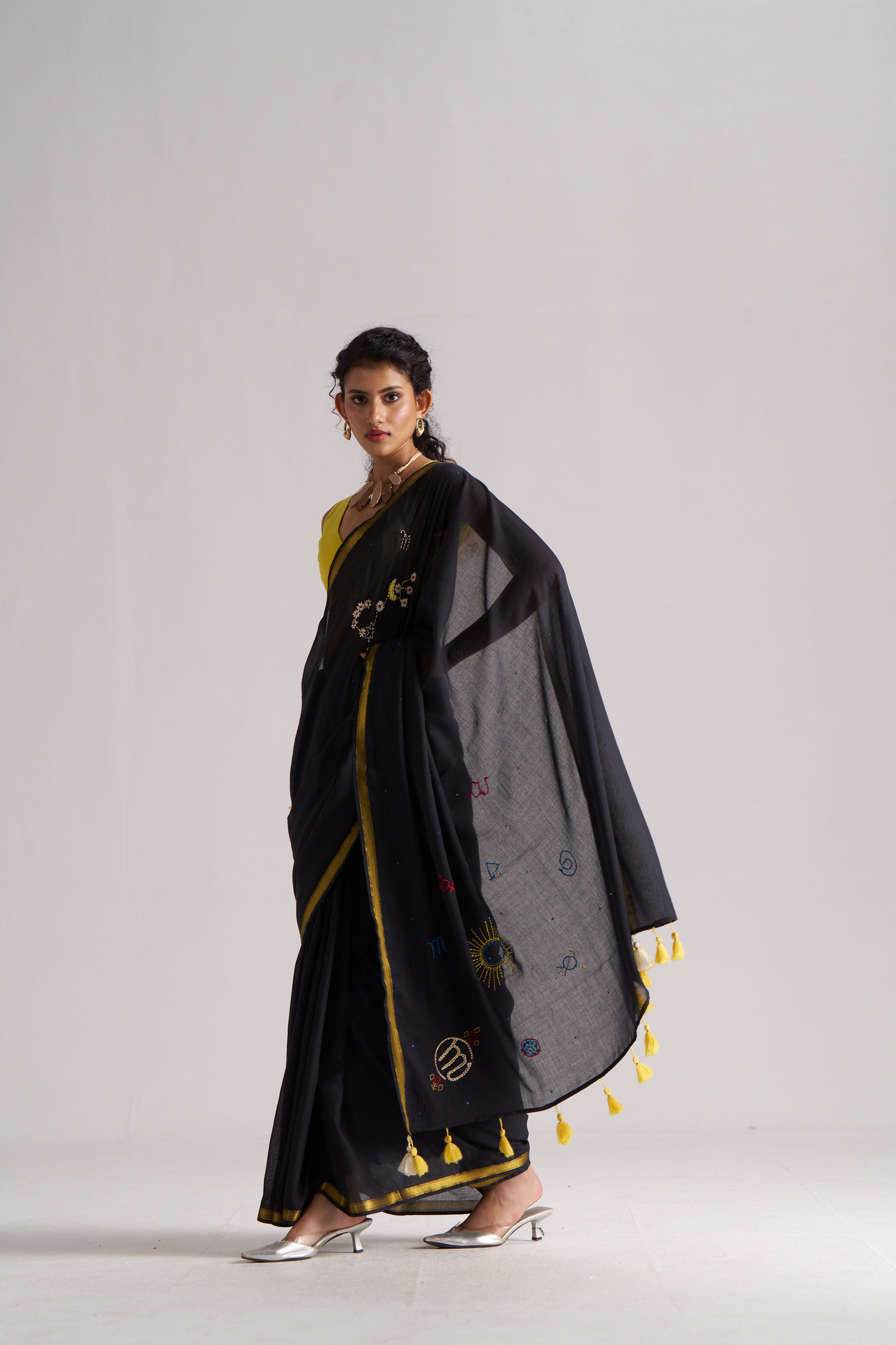 BLACK VISCOSE MUL SCORPIO CELESTIAL THREAD WORK SAREES