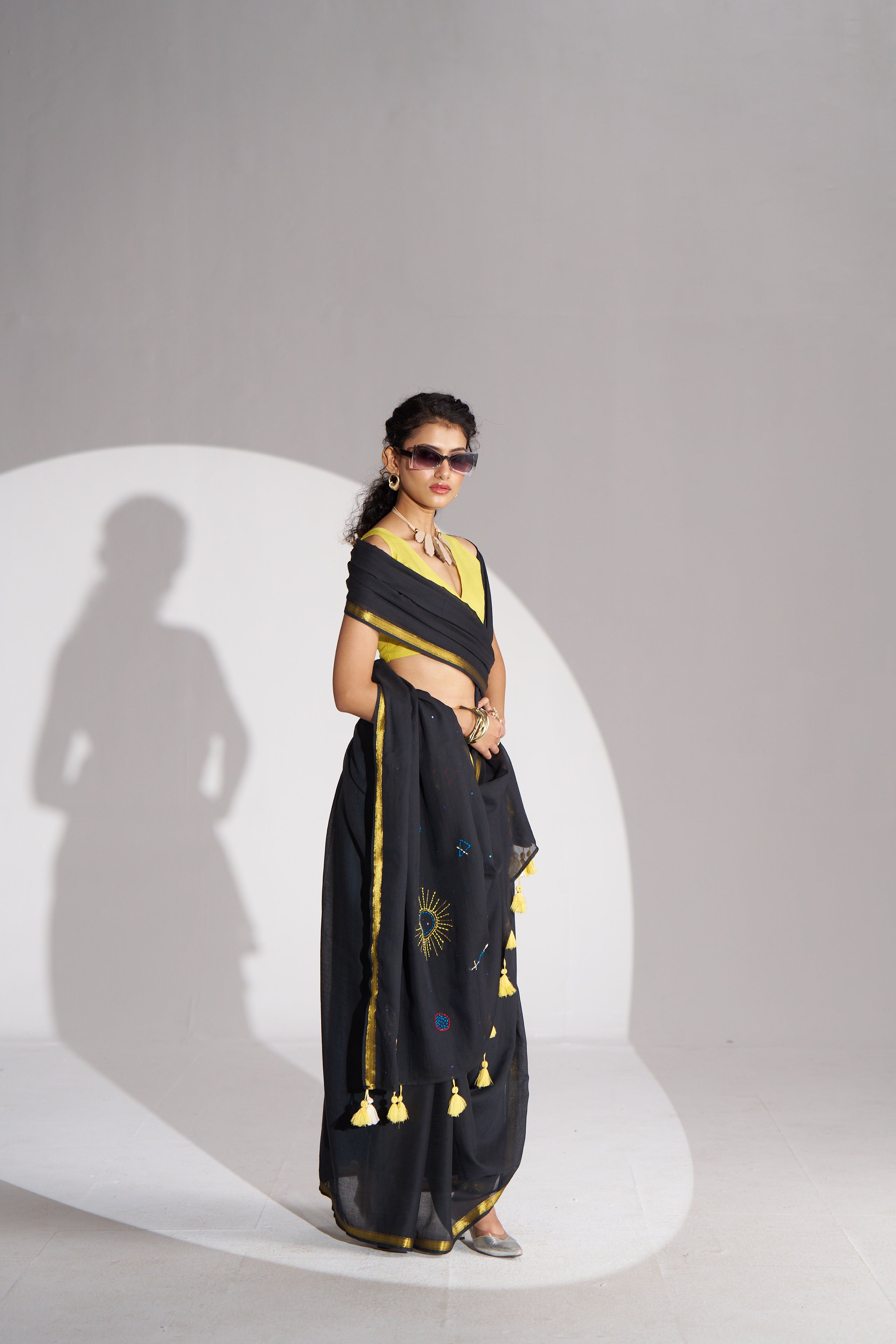 BLACK VISCOSE MUL SCORPIO CELESTIAL THREAD WORK SAREES