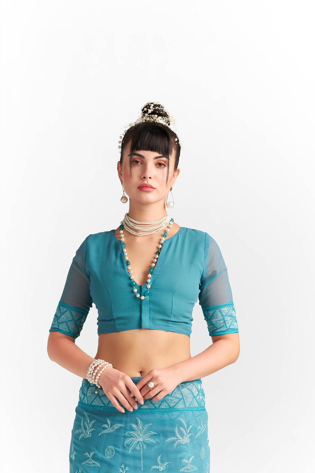 BABY BLUE GEORGETTE TREE PRINTED EMBROIDERY SAREE