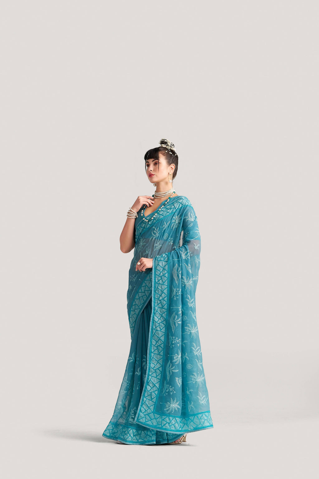 BABY BLUE GEORGETTE TREE PRINTED EMBROIDERY SAREE