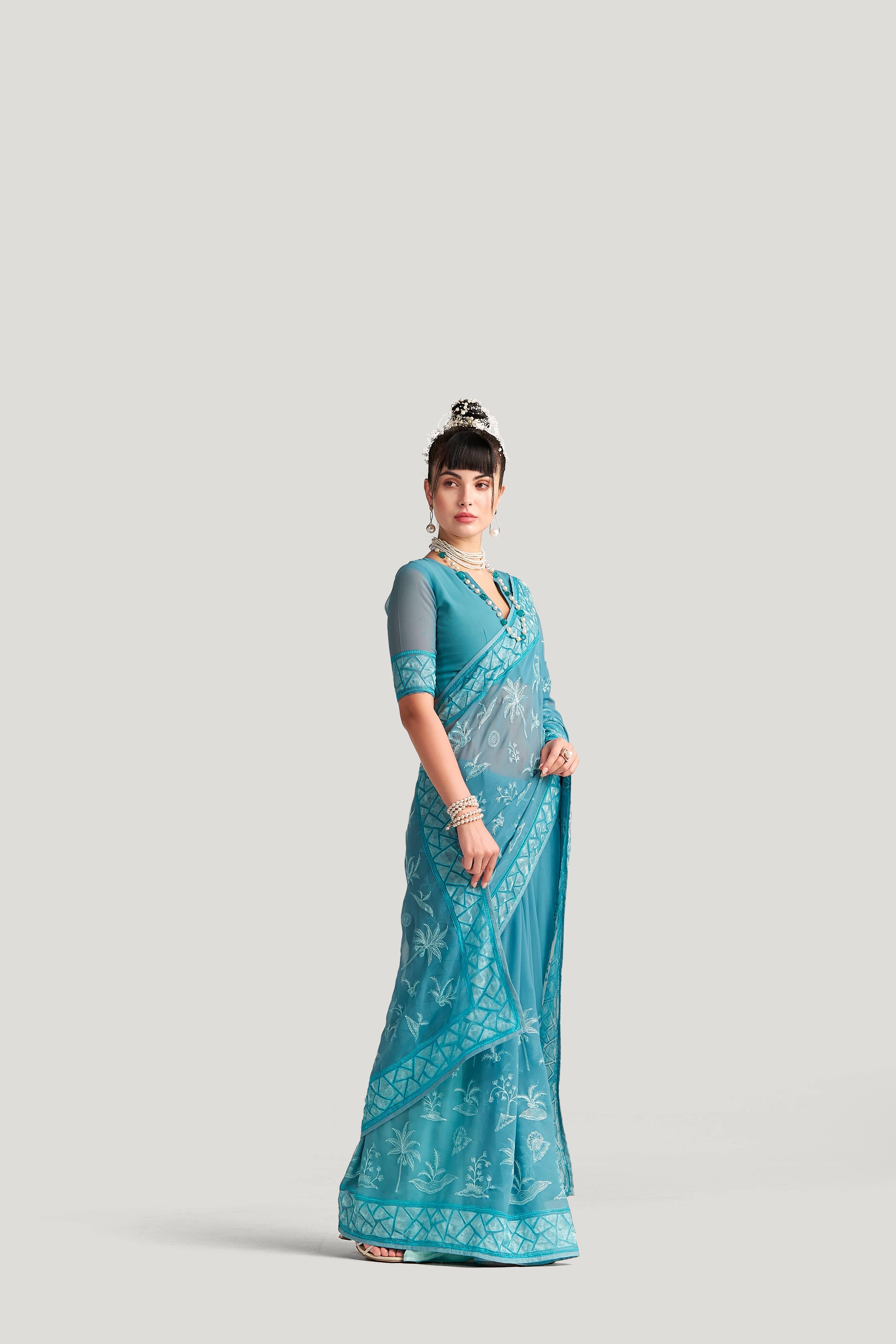 BABY BLUE GEORGETTE TREE PRINTED EMBROIDERY SAREE