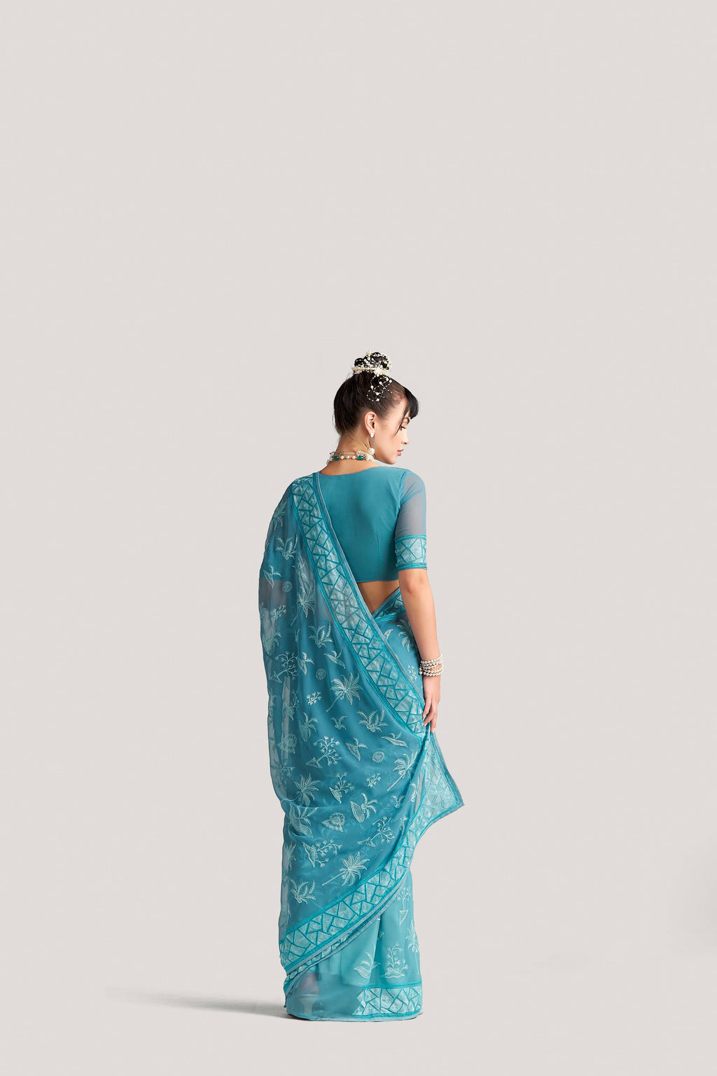 BABY BLUE GEORGETTE TREE PRINTED EMBROIDERY SAREE