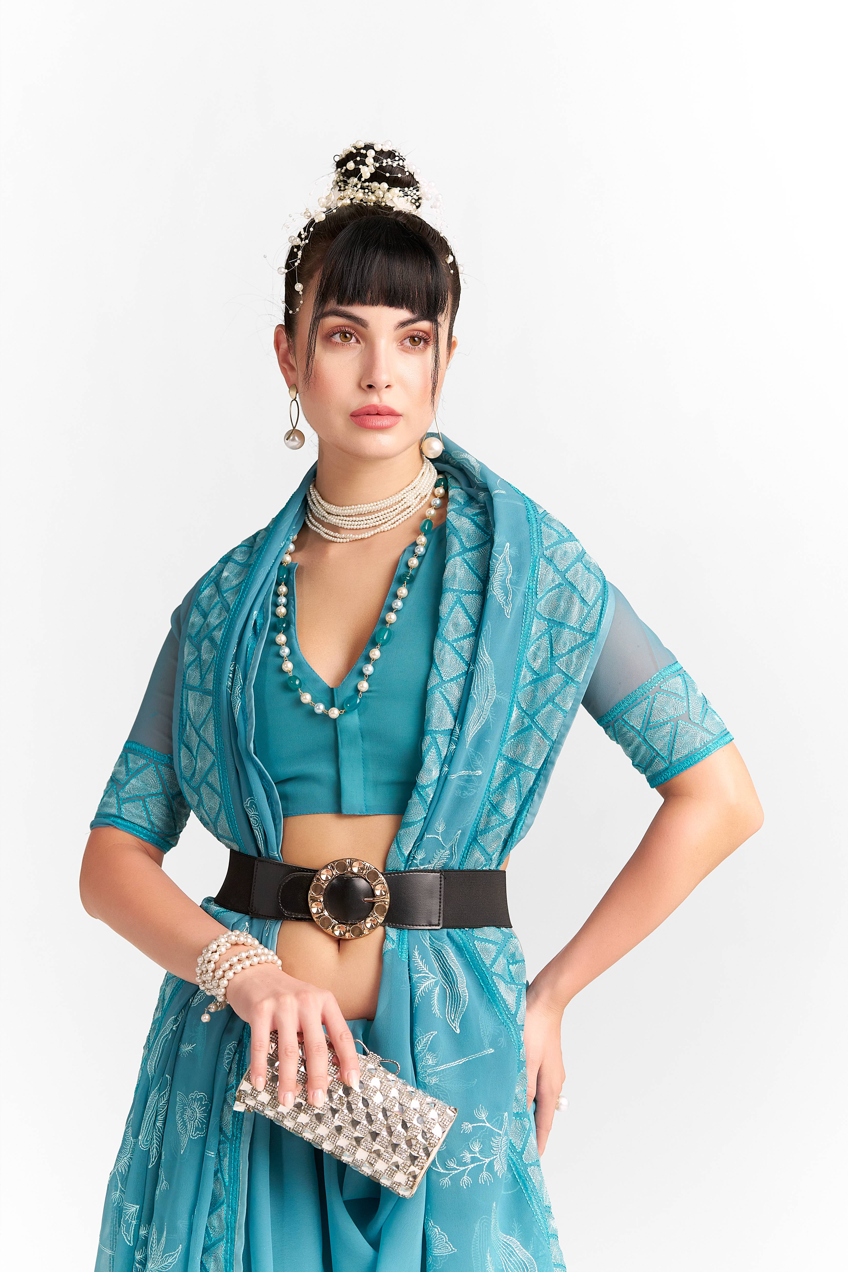 BABY BLUE GEORGETTE TREE PRINTED EMBROIDERY SAREE