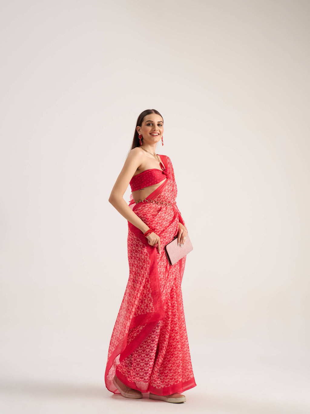 RED VISCOSE ORGANZA DIGITAL PRINTED SAREE