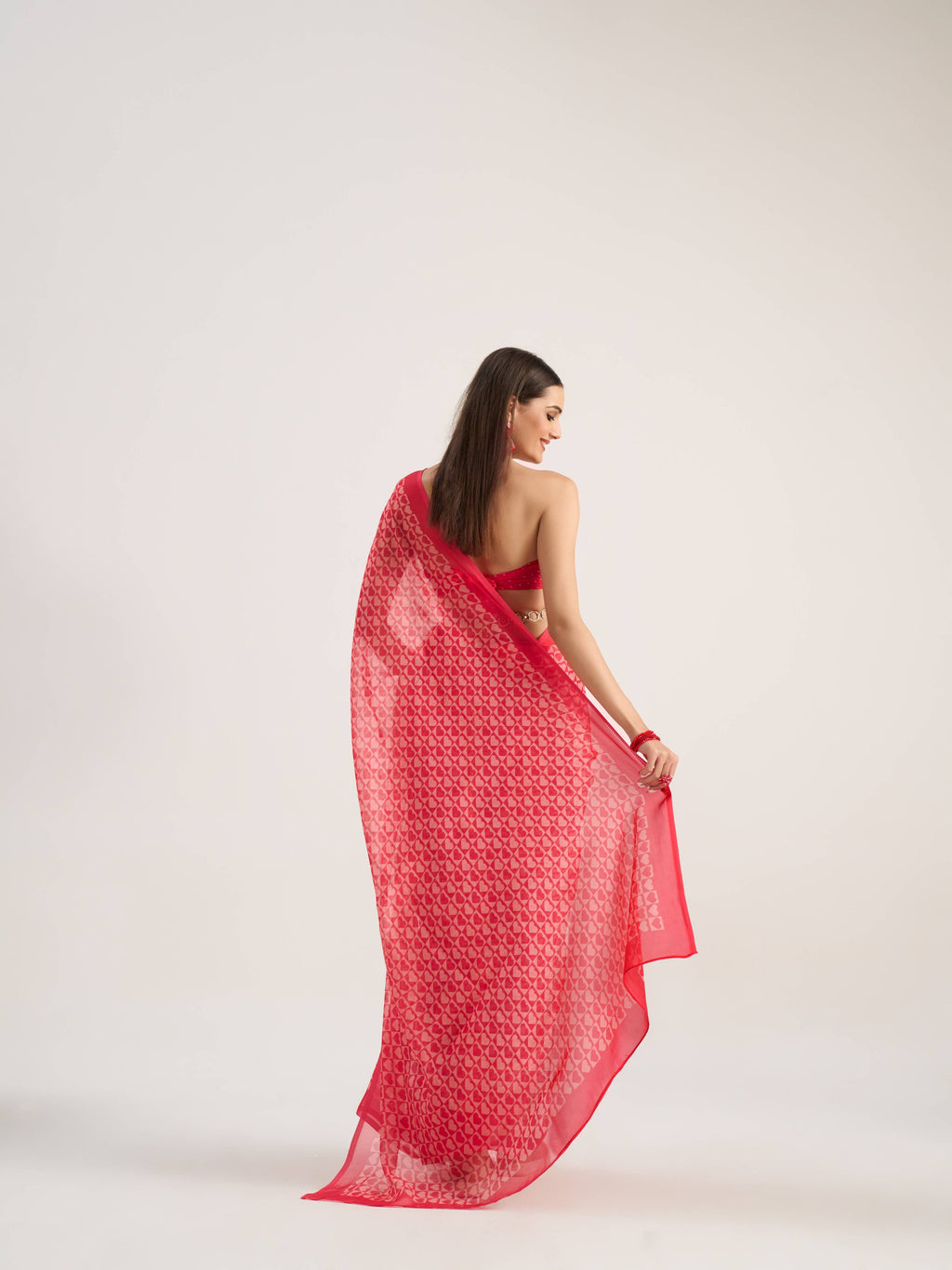 RED VISCOSE ORGANZA DIGITAL PRINTED SAREE