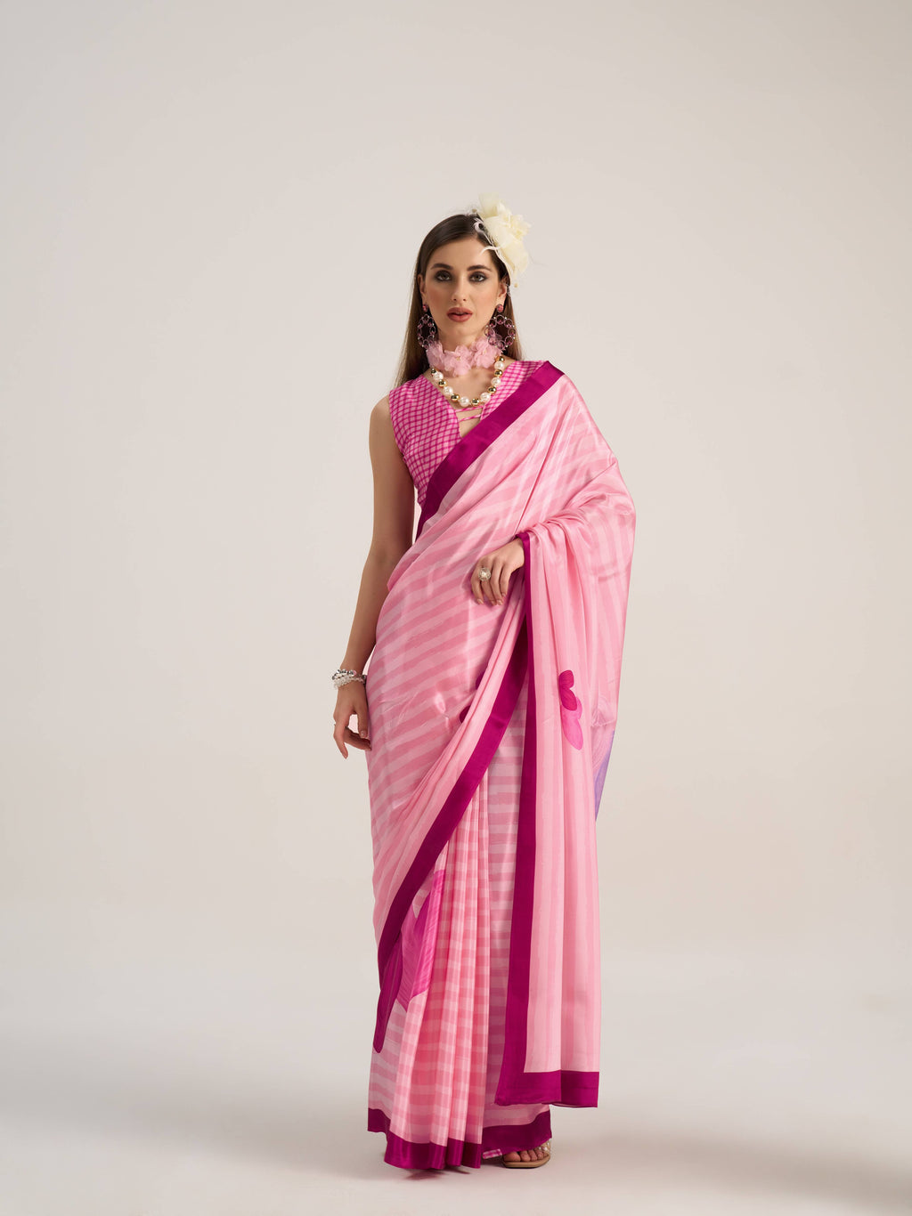 SALMON PINK GEORGETTE POLKA POPS DIGITAL PRINTED SAREE