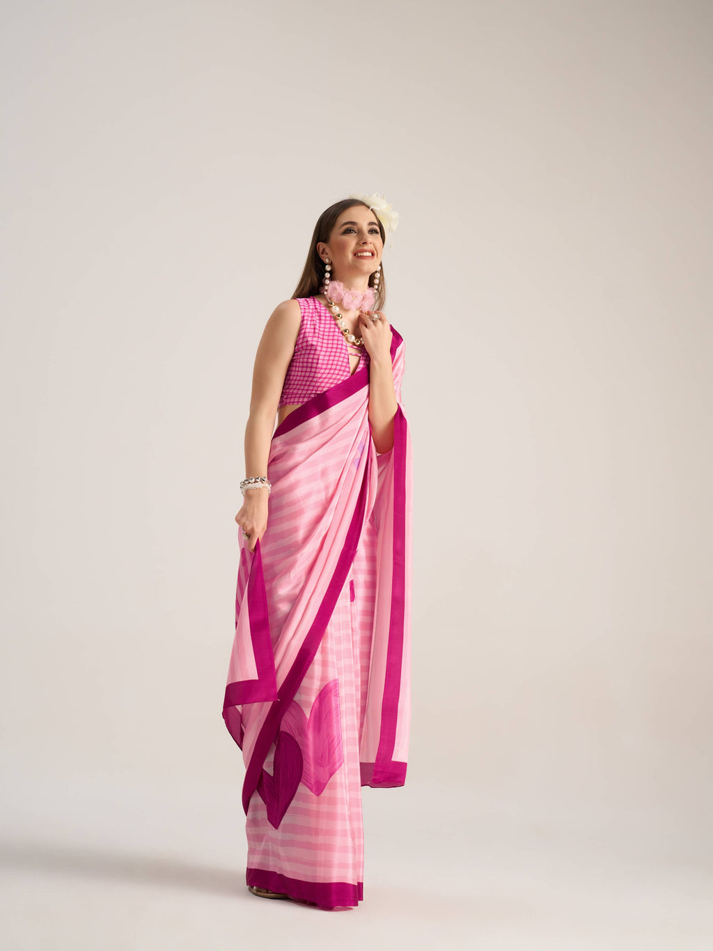 SALMON PINK GEORGETTE POLKA POPS DIGITAL PRINTED SAREE