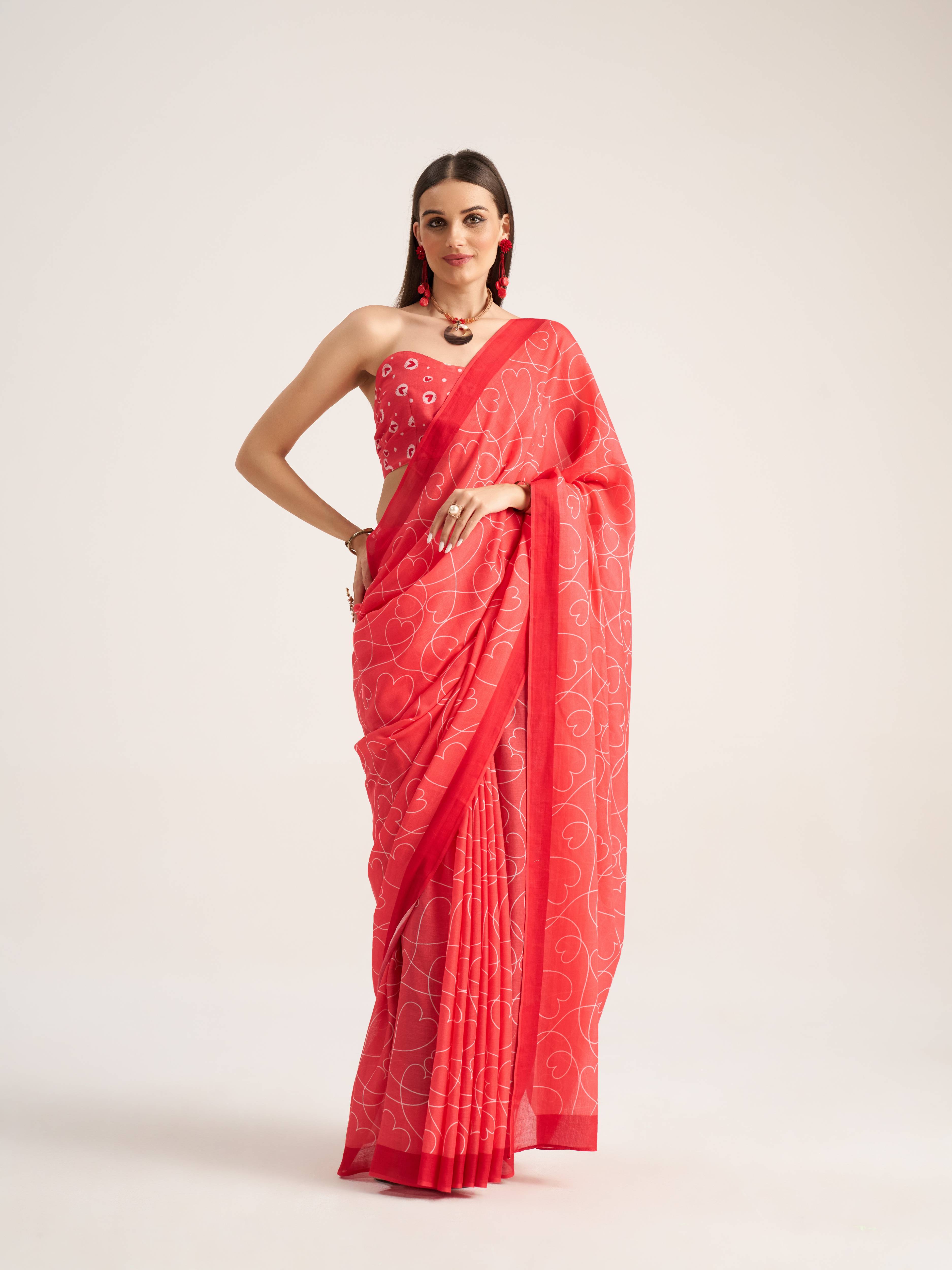 CORAL RED VISCOSE MUL LIVA DIGITAL PRINTED SAREE