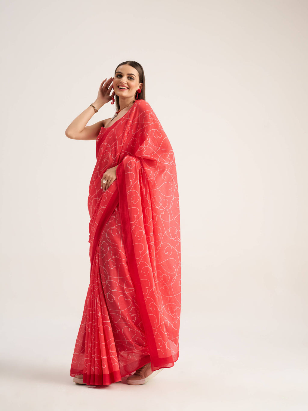 CORAL RED VISCOSE MUL LIVA DIGITAL PRINTED SAREE