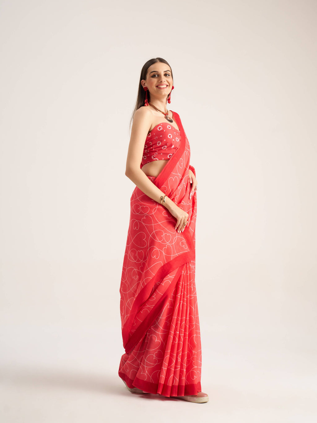 CORAL RED VISCOSE MUL LIVA DIGITAL PRINTED SAREE