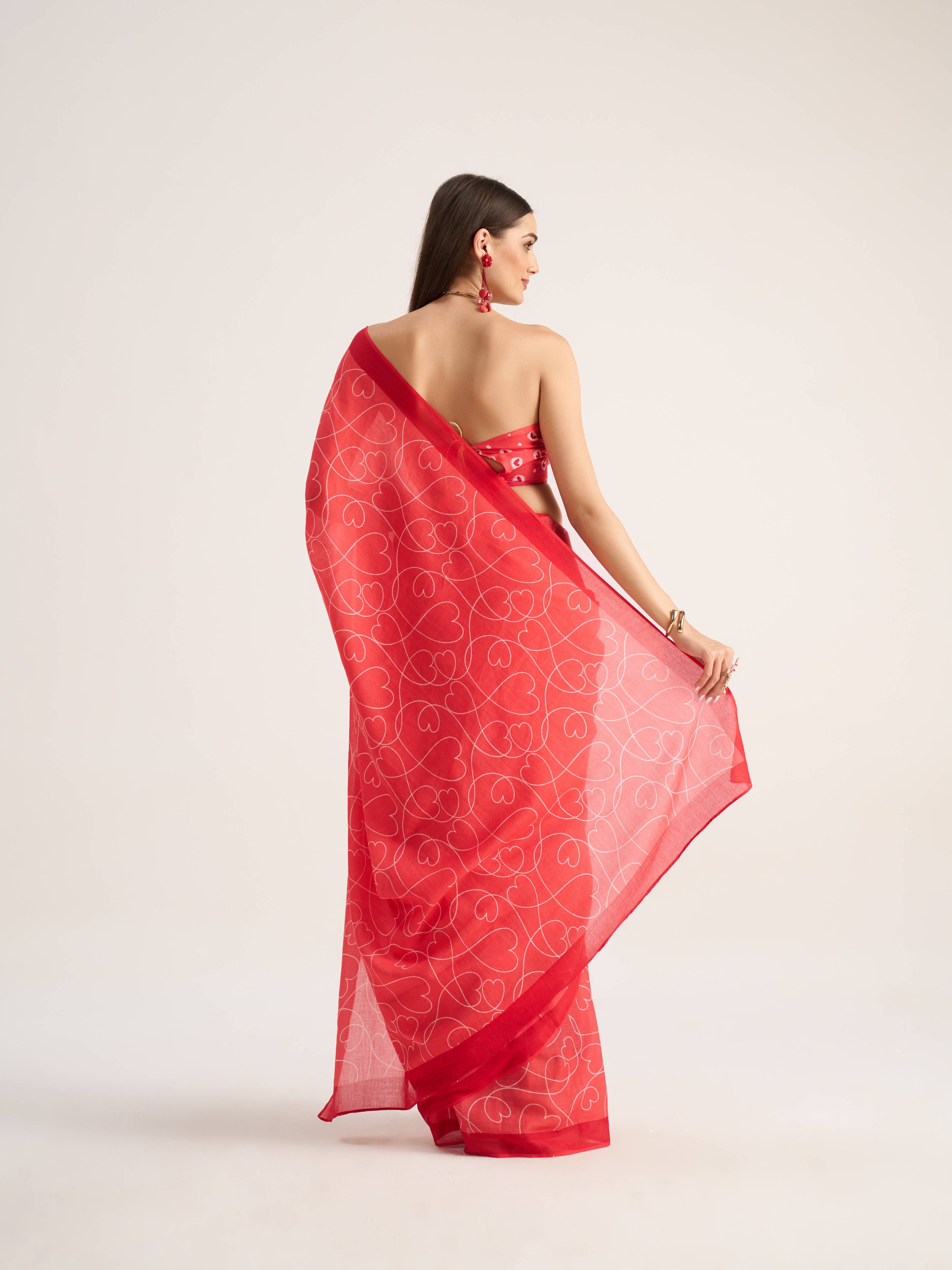 CORAL RED VISCOSE MUL LIVA DIGITAL PRINTED SAREE