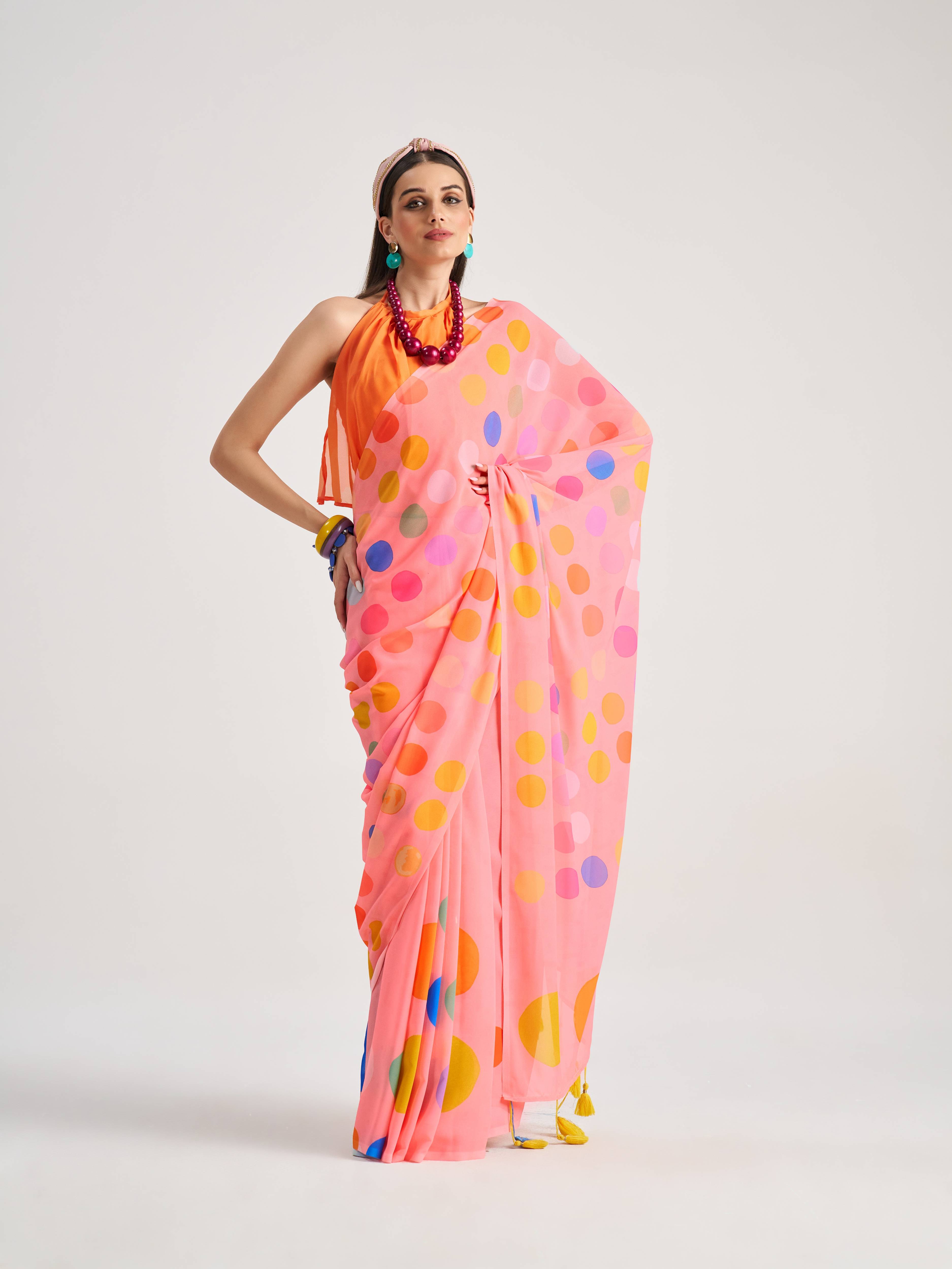 LIGHT PINK GEORGETTE POLKA POPS DIGITAL PRINTED SAREE