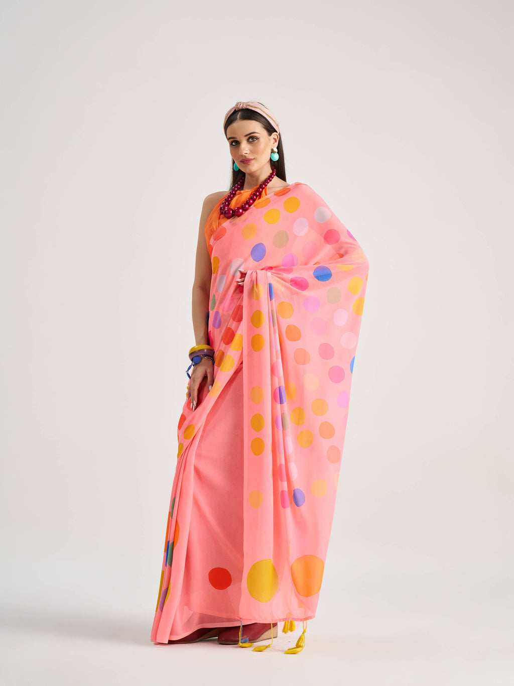 LIGHT PINK GEORGETTE POLKA POPS DIGITAL PRINTED SAREE