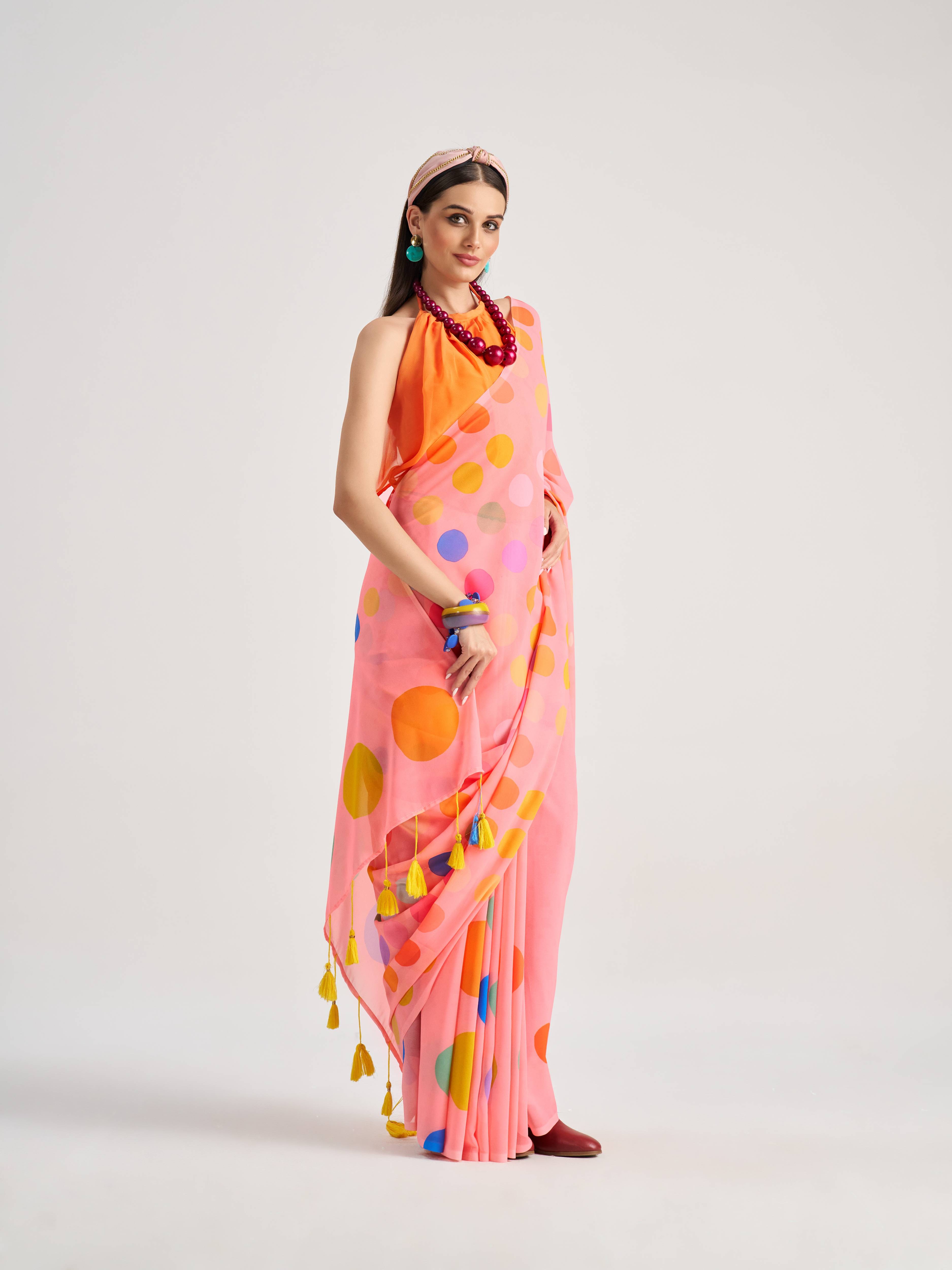 LIGHT PINK GEORGETTE POLKA POPS DIGITAL PRINTED SAREE