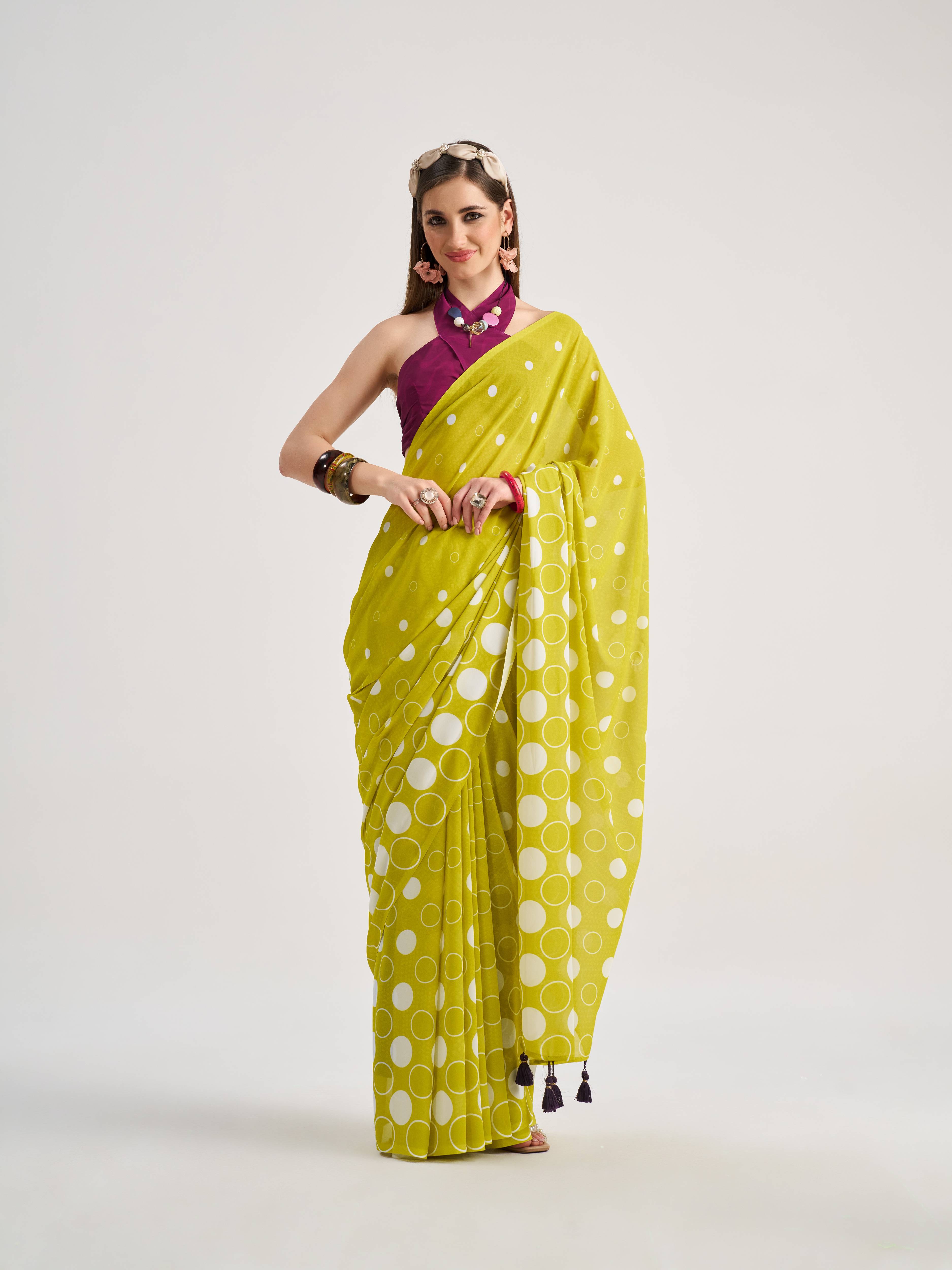 LEMON YELLOW GEORGETTE POLKA POPS DIGITAL PRINTED SAREE