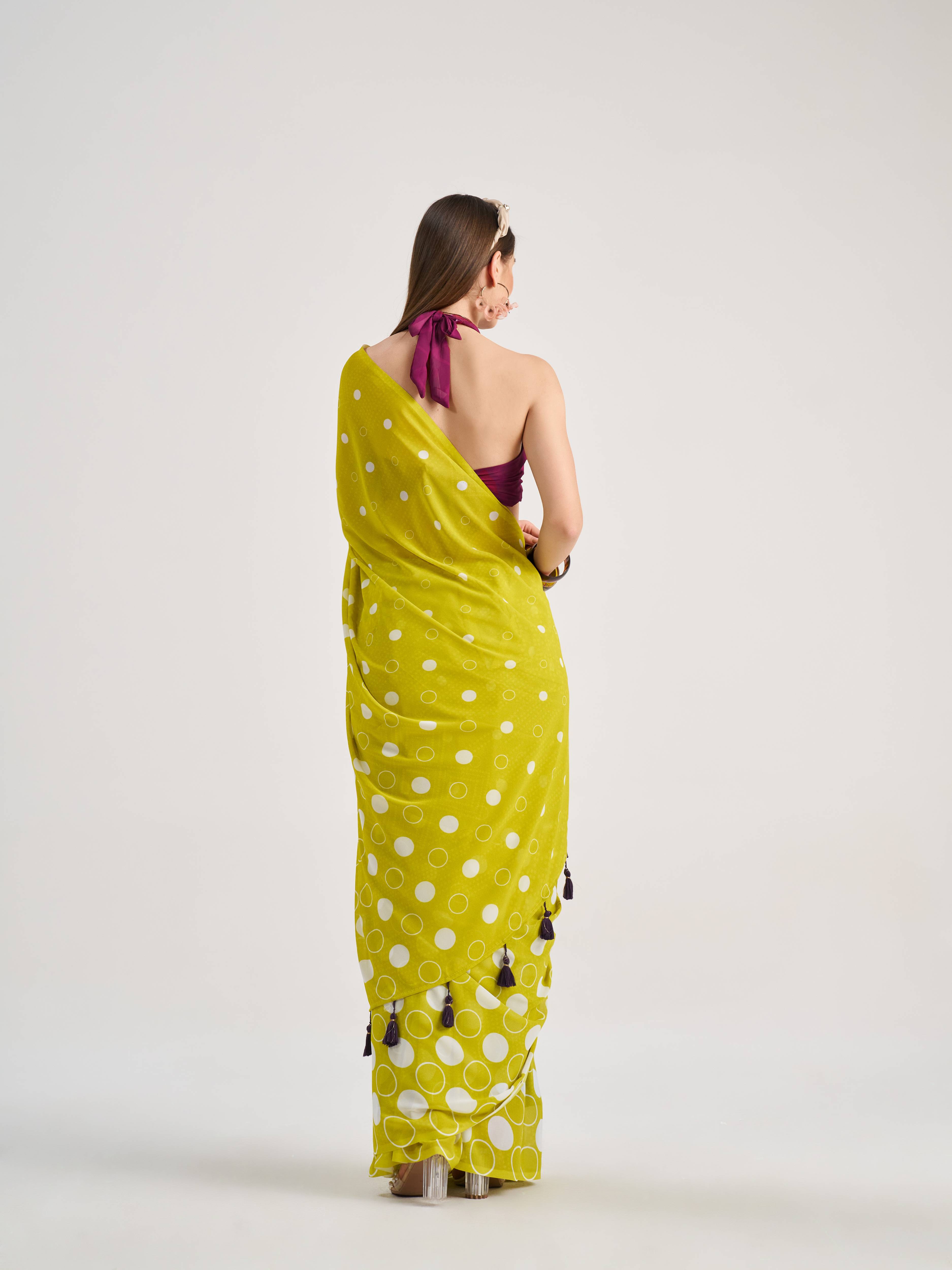 LEMON YELLOW GEORGETTE POLKA POPS DIGITAL PRINTED SAREE