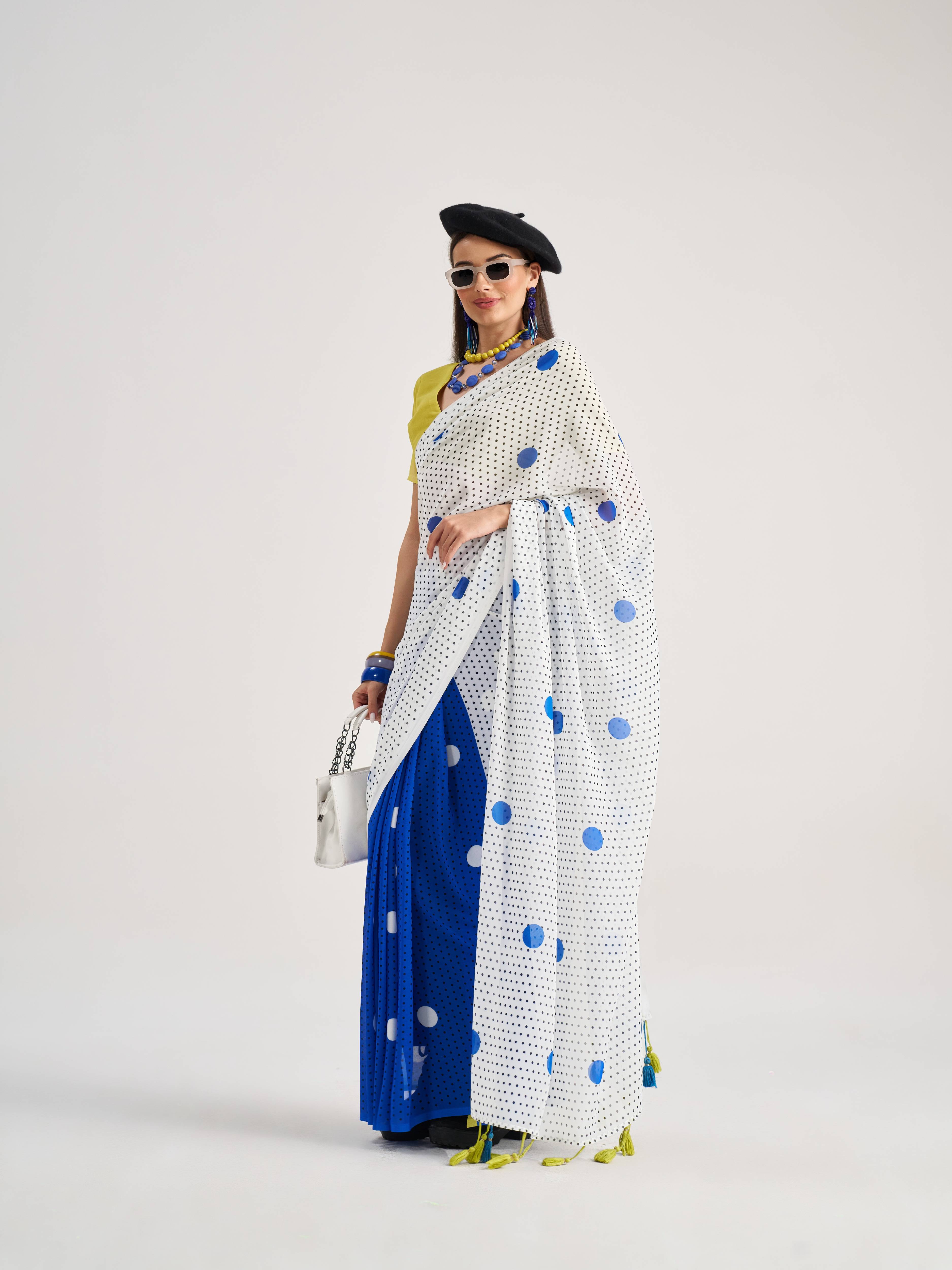 WHITE & BLUE GEORGETTE POLKA POPS DIGITAL PRINTED SAREE