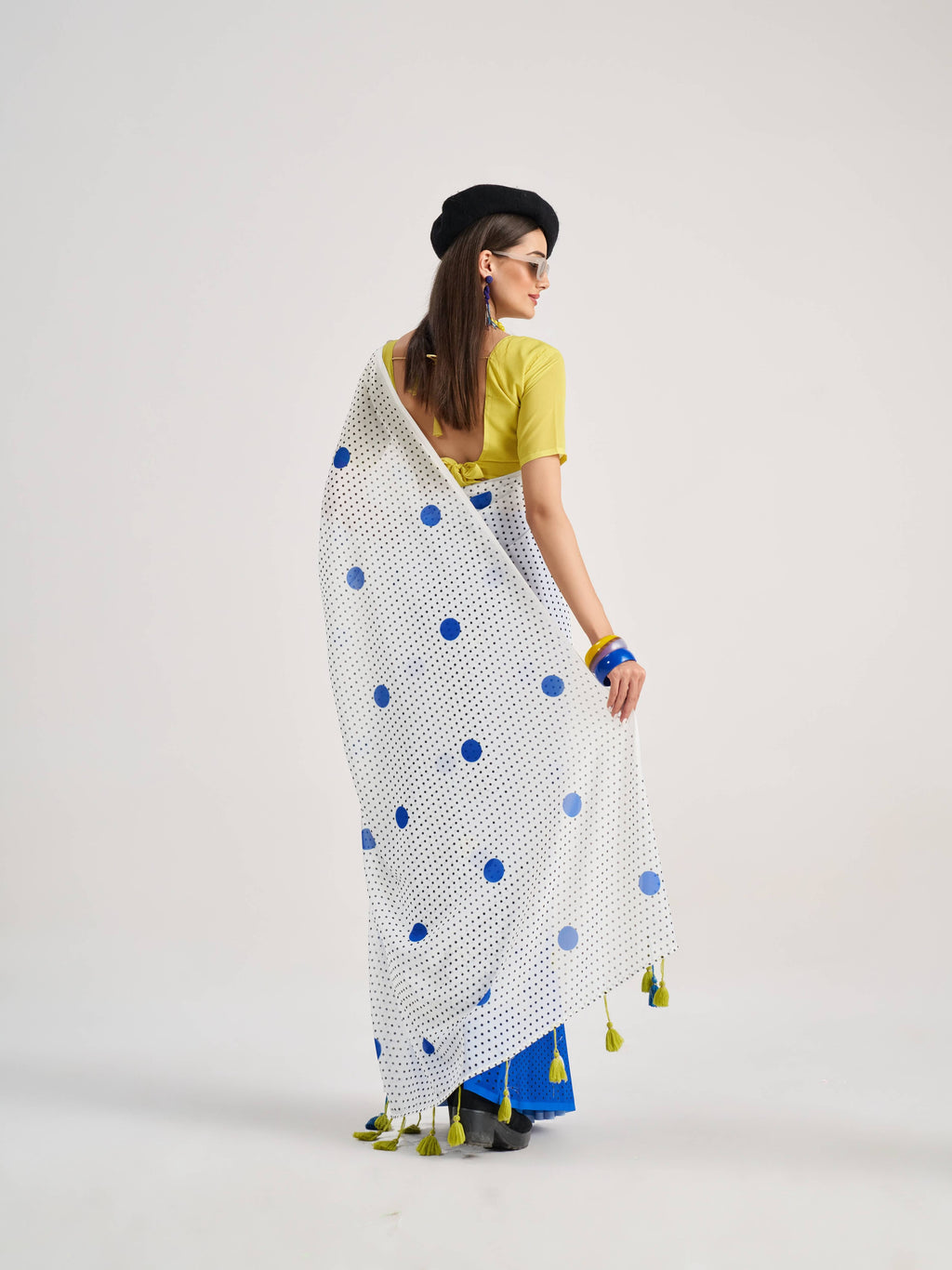 WHITE & BLUE GEORGETTE POLKA POPS DIGITAL PRINTED SAREE