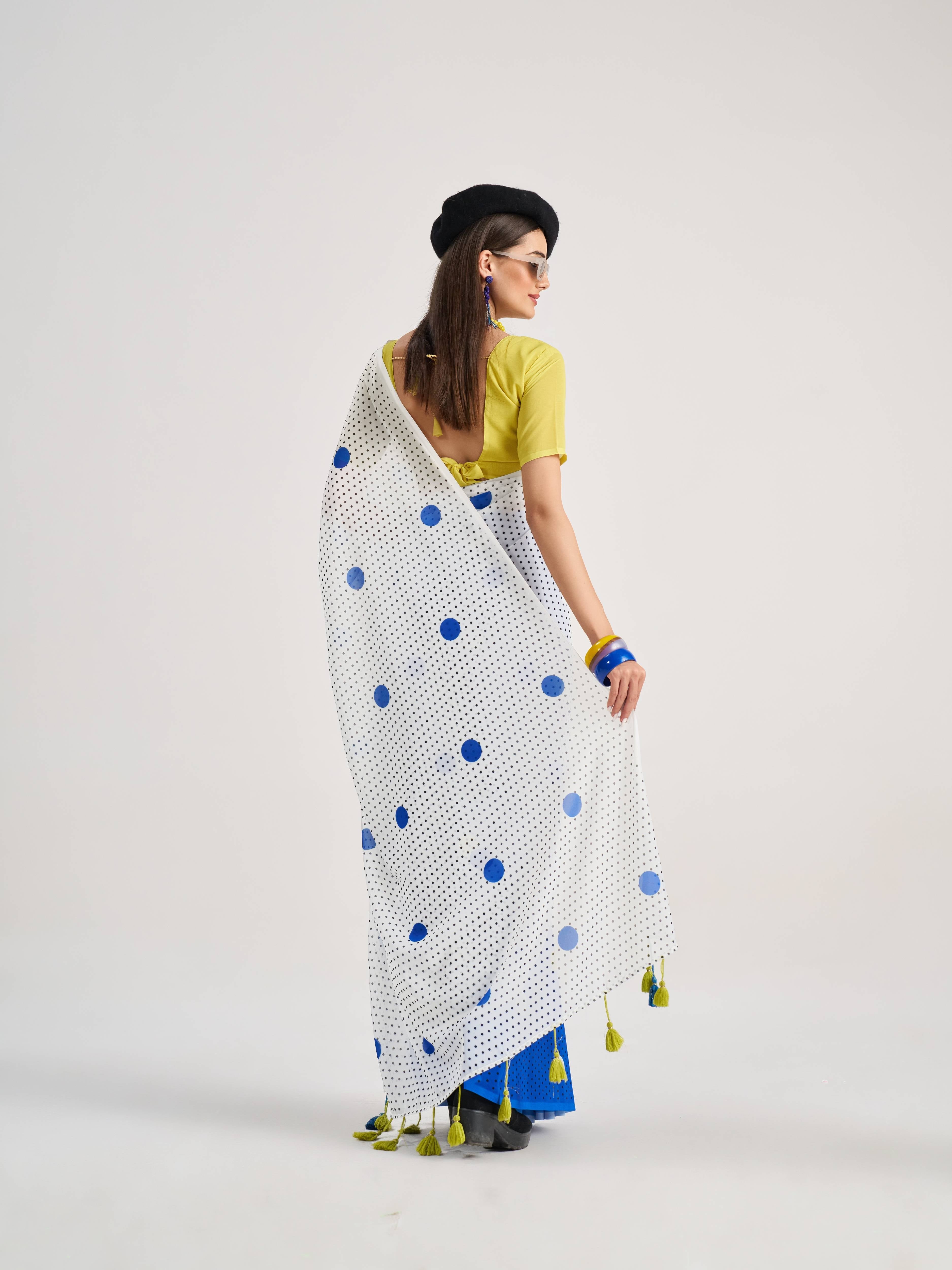 WHITE & BLUE GEORGETTE POLKA POPS DIGITAL PRINTED SAREE
